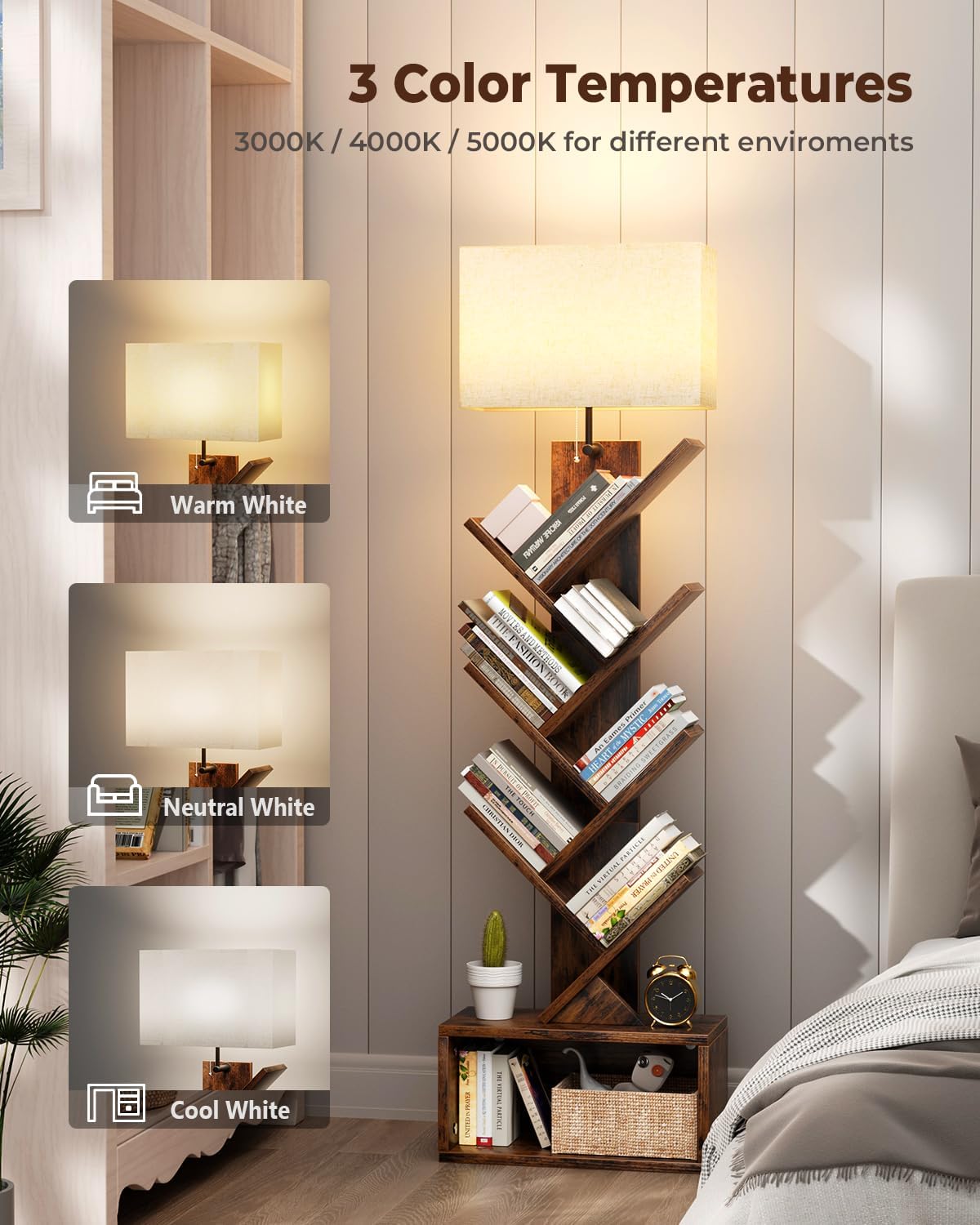 6 Tier Tree Bookshelf with Smart Light, Small Bookcase Tower with Remote Control, Tall Floor Standing Book Organizer for Living Room, Bedroom & Home Office, Rustic Brown