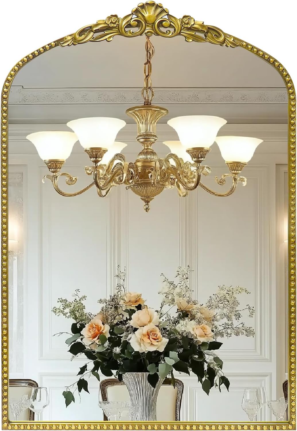 G-LEAF Vintage Baroque Mirror 24"X36", Arched Mantel Victorian Antique Farmhouse Mirror with Black Brush Gold Ornate Metal Frame for Fireplace Entryway Living Room Hallway Bathroom