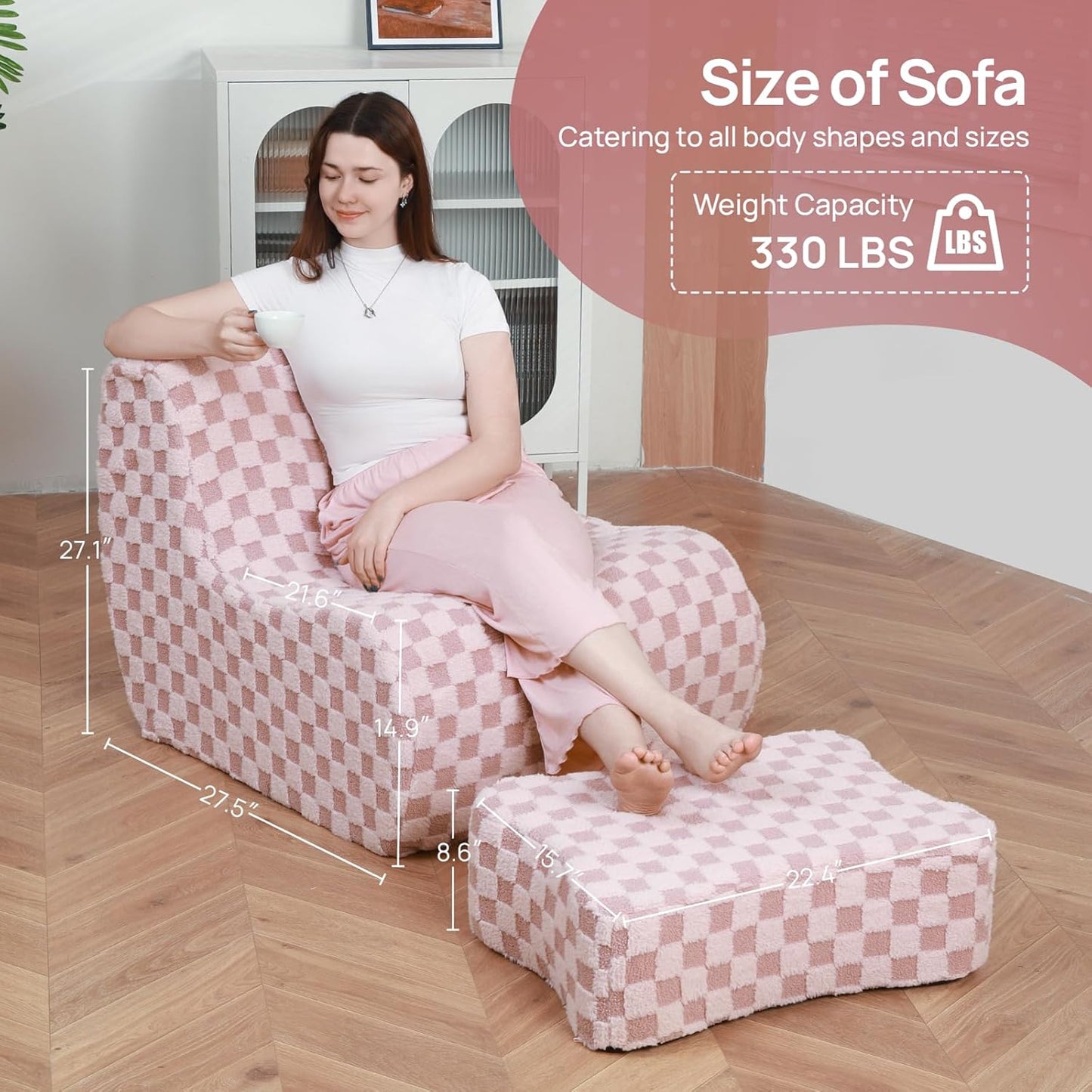 Giant Bean Bag Chair for Adults with Ottoman, Teddy Fabric Beanbag Chair with Memory Foam Filled,Plush Lazy Floor Sofa with Footstool Couch for Living Room,Bedroom,Dorm, Apartment, Pink