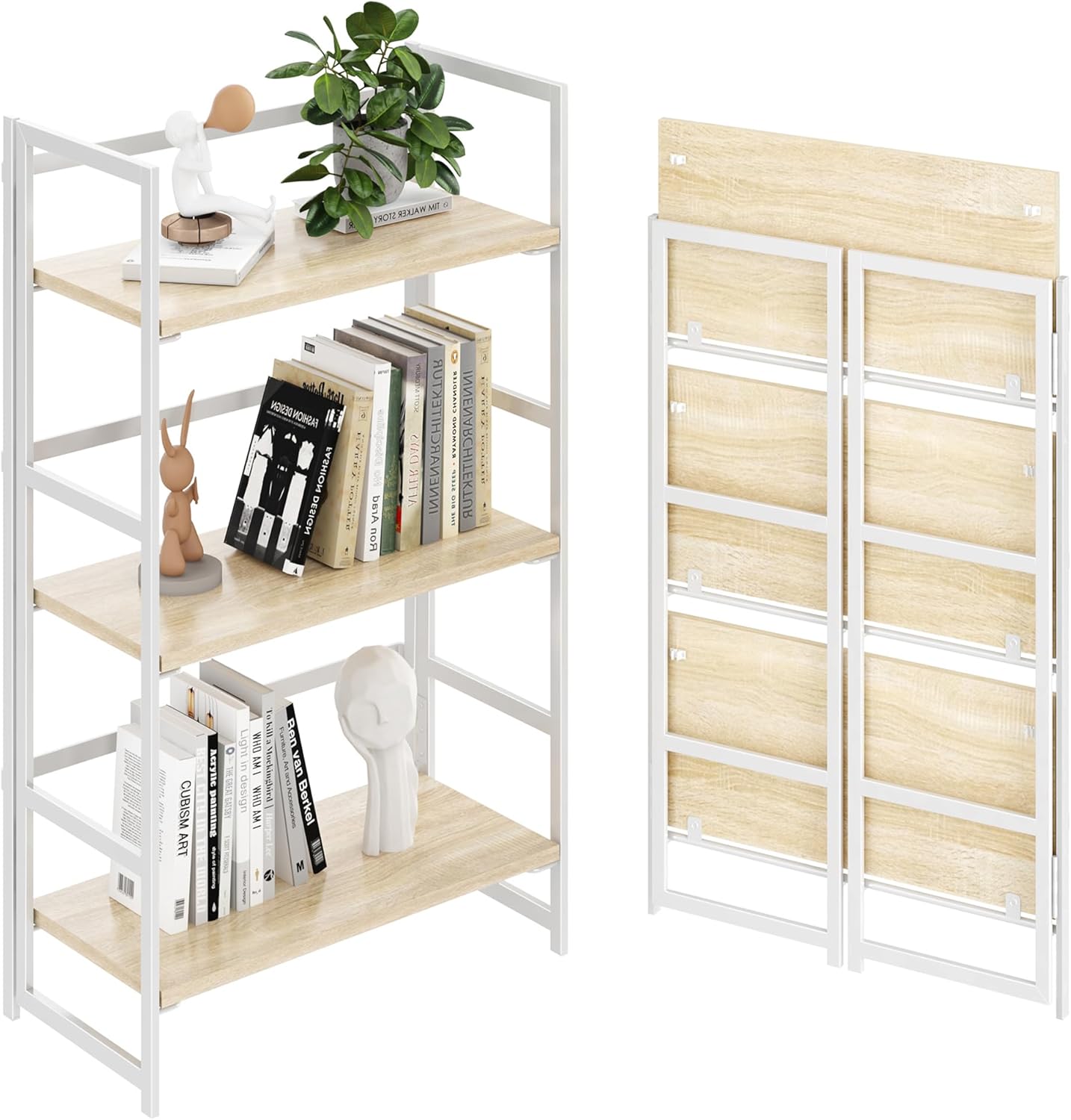 BHG Vintage Multifunctional Folding Bookshelf, No-Assembly Plant Stand Storage Rack Shelves for Home Office (White, 3-Tier)