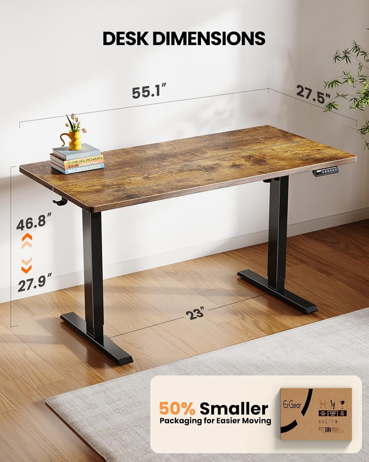 ErGear Electric Standing Desk, 55 x 27.5 inches, Height Adjustable Computer Desk with Memory Smart Panel, Vintage Brown