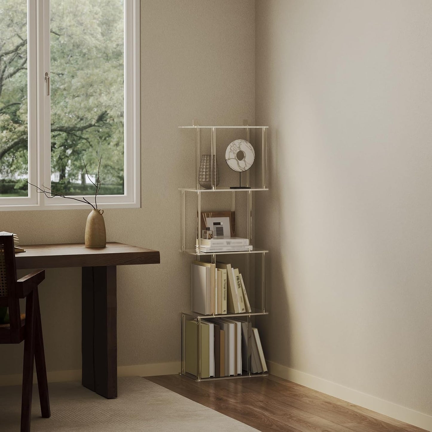 Acrylic Geometric Bookshelf for Small Spaces, 5-Tier Clear S Shaped Bookcase, Modern Open Book Shelf for Living Room, Bedroom, Office, 9.3" D x 15.6" W x 48.8" H, Easy Assembly