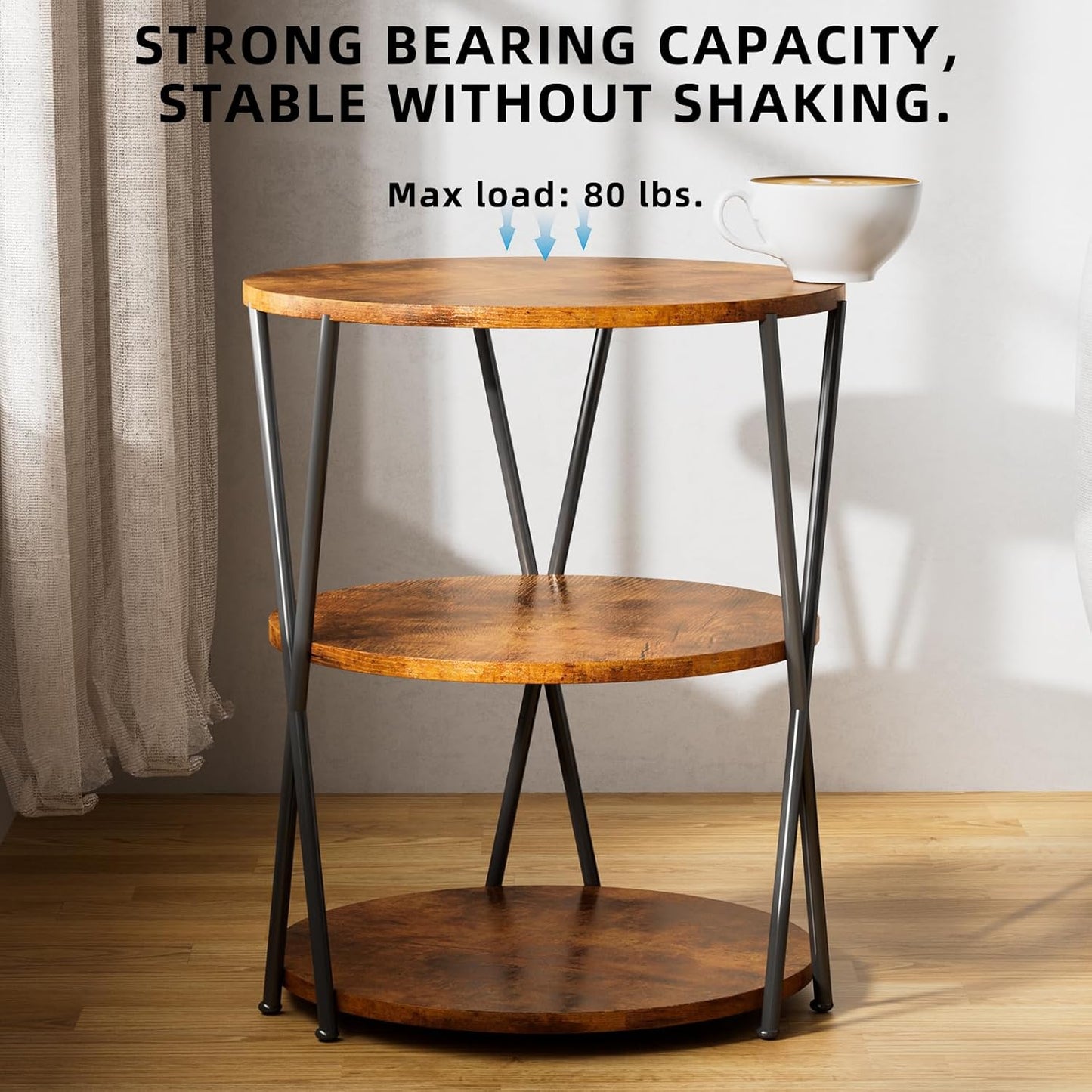 Big Side Table, 3-Tier Large Size Round End Table with X-Leg Design, Nightstand Bedside Table for Living Room, Bedroom, Drink Table Coffee Table for Patio, Indoor Outdoor Use, 16.5''x16.5''x22.8''