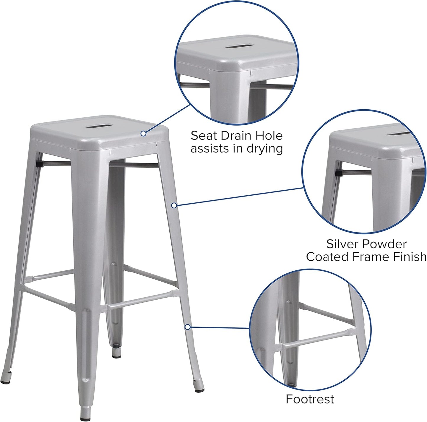 Flash Furniture Commercial Grade 30" High Backless Silver Metal Indoor-Outdoor BarStool with Square Seat