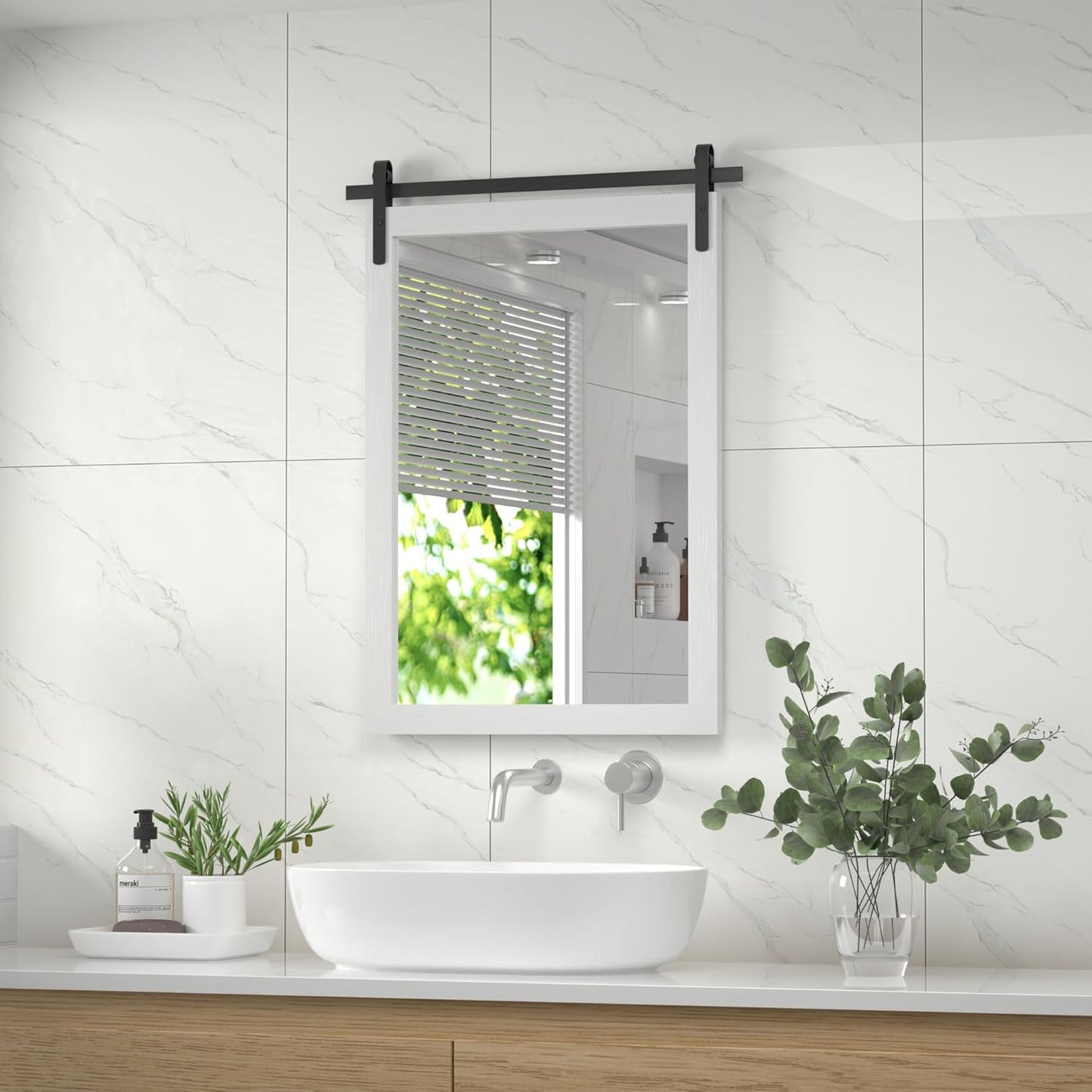 Farmhouse Bathroom Mirror, White Rustic Square Mirror for Wall Wood Framed Vanity Mirrors, Barn Door Style Decor Living Room Entryway Bedroom Mirrors, 18x26INCH (Hanging/Leaning)