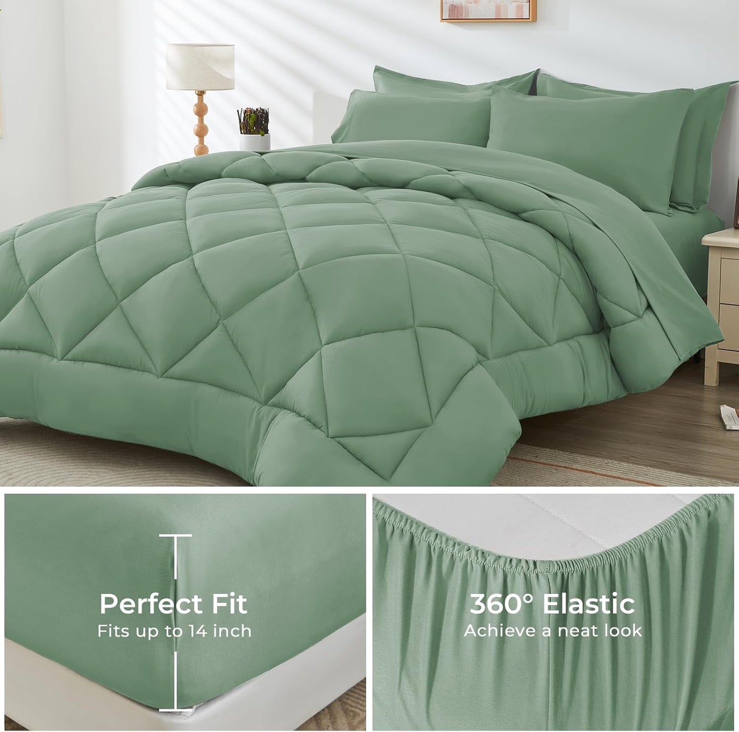 HEVUMYI Light Green King Comforter Set - 7-Piece All Season Bed in a Bag King, Ultra Soft Bedding Set with Comforter, Flat Sheet, Fitted Sheet, Pillowcases, Pillow Shams