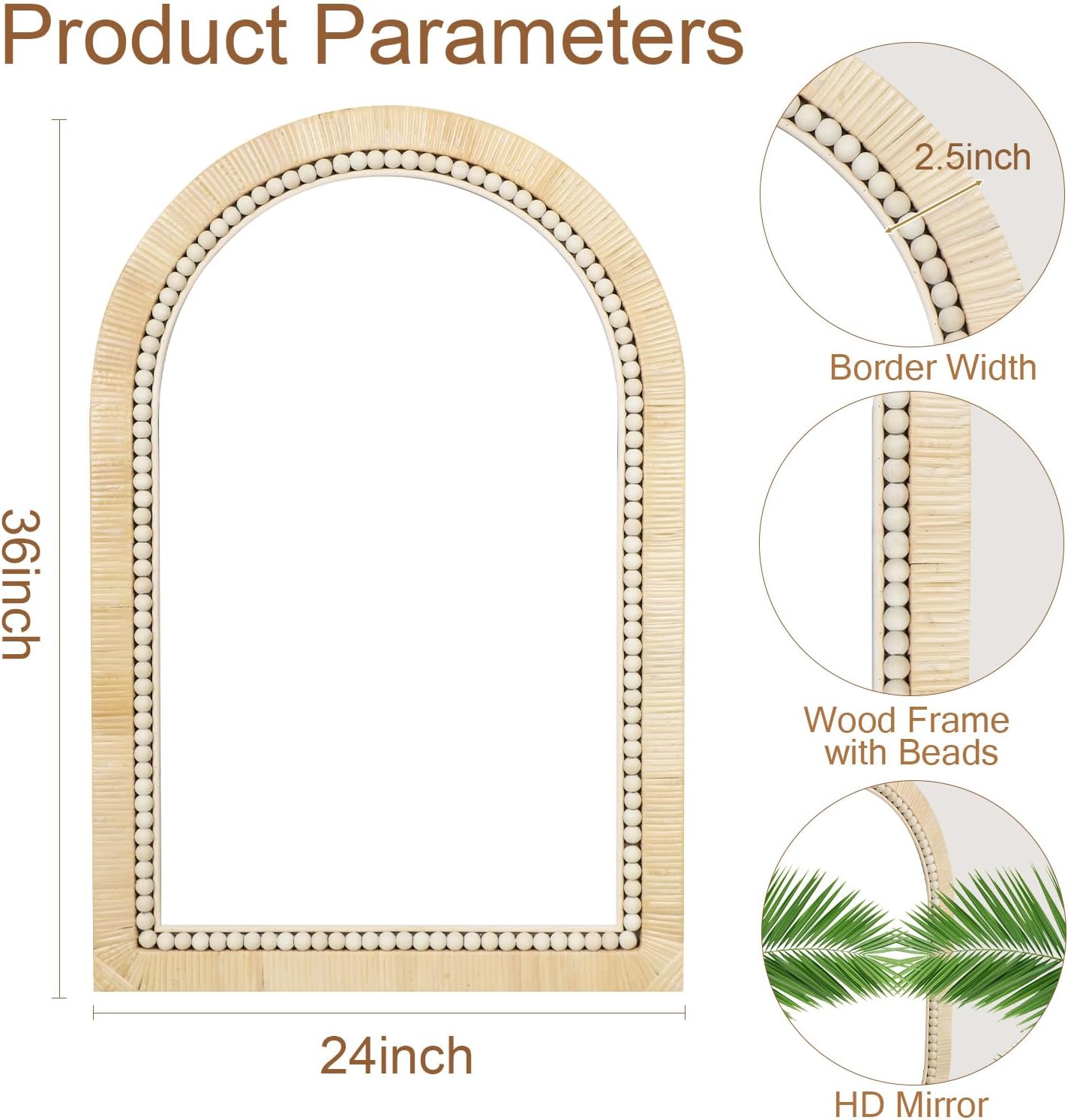 ULIKE Rattan Mirror for Bathroom, 24x36 Inch Arch Rustic Farmhouse Wall Decor with Handmade Wicker Frame, Boho Mirror for Nursery Bedroom Living Room Entryway