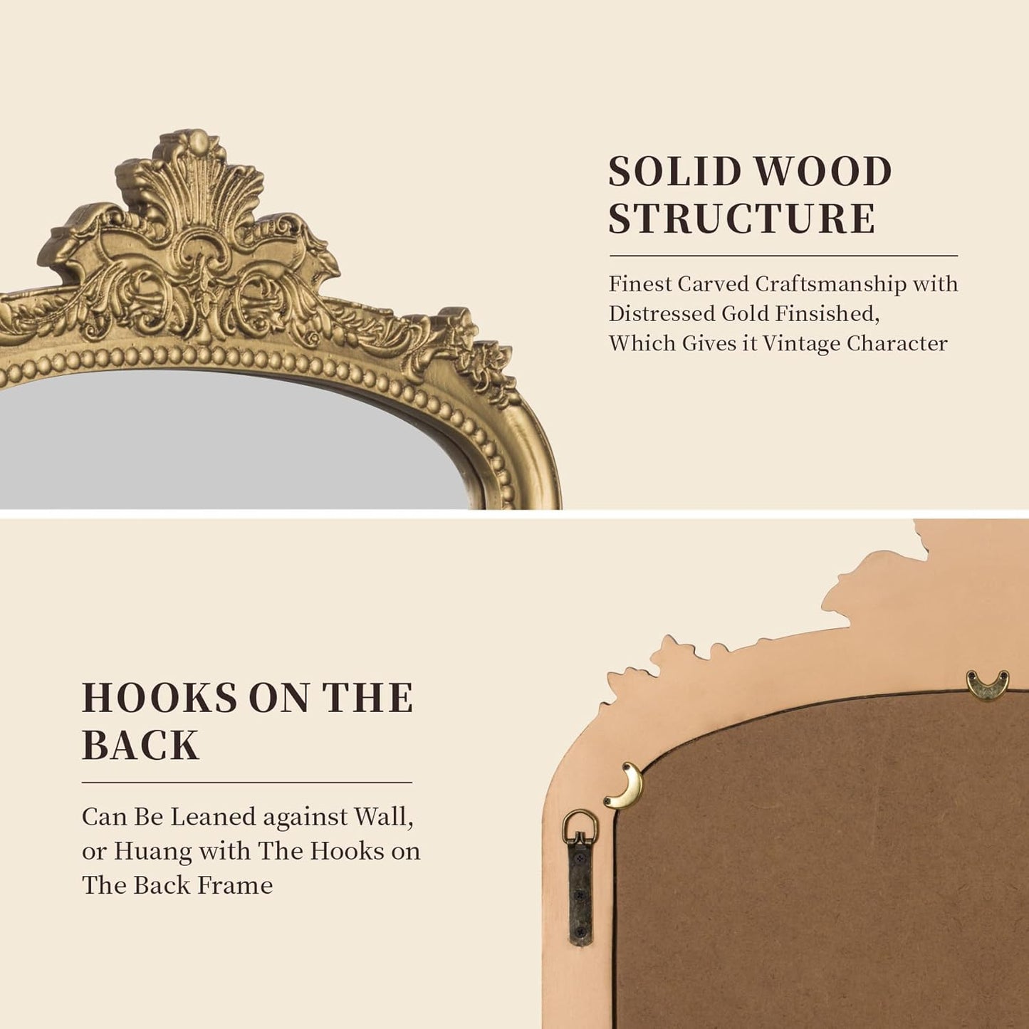 Distressed Vintage Gold Wall Mirror - 24x36 inch, Large Antique Fireplace Mantle Mirror, Baroque Ornate Decorative Bathroom Mirror | Solid Wood Pine