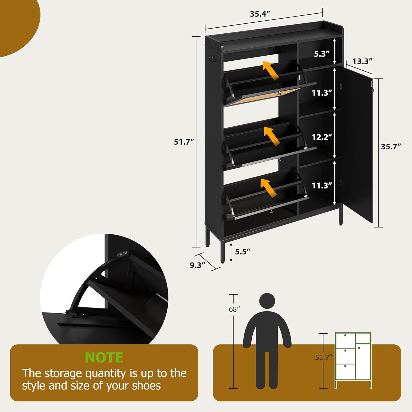 GarveeHome Shoe Cabinet Rattan with 3 Flip Drawers and 4-Tier Shoe Storage Cabinet, Freestanding Shoe Organizer with Adjustable Shelves for Entryway, Closet, Hallway (Black)