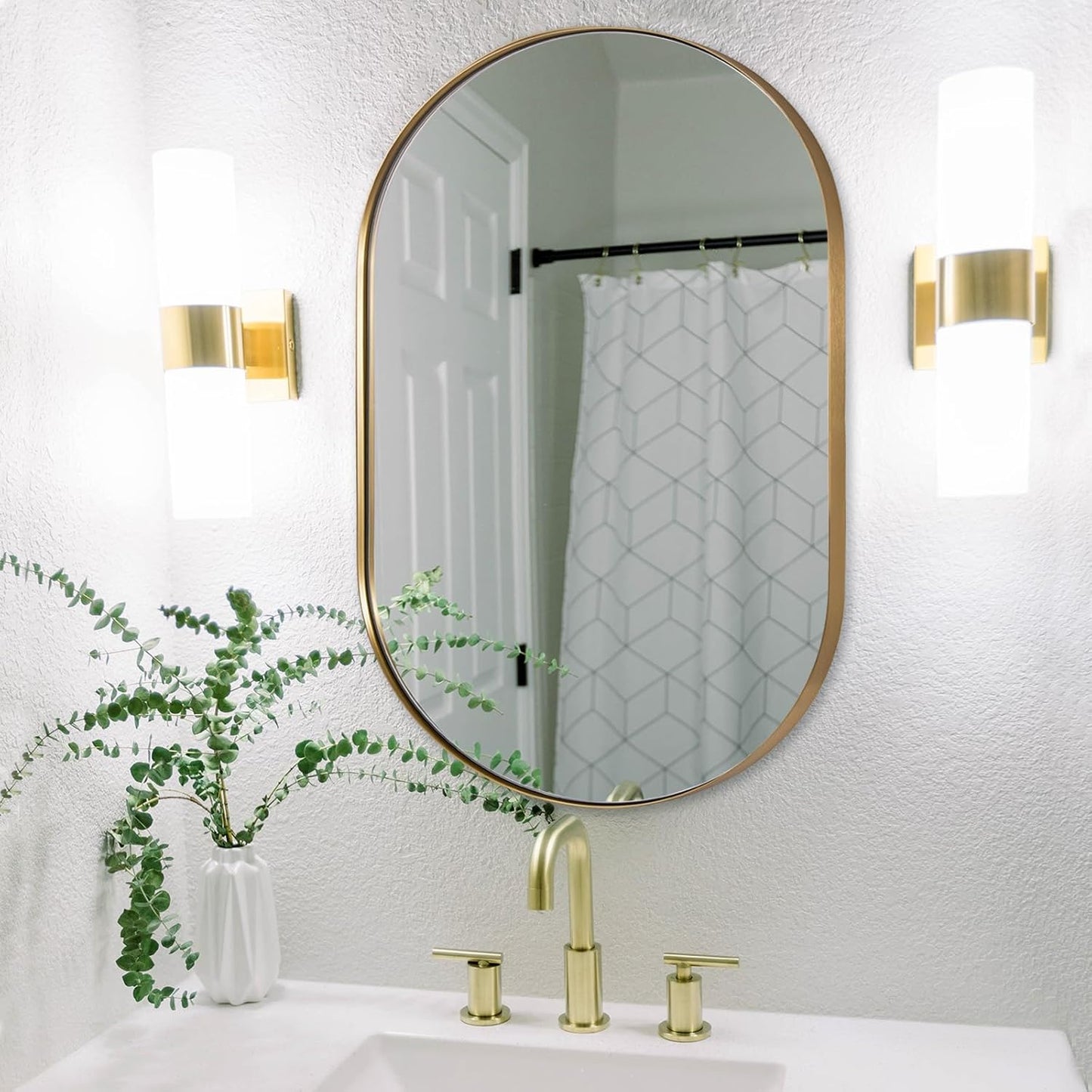ANDY STAR Gold Oval Mirror, Brass Mirror for Wall, Oval Mirrors for Bathroom in Stainless Steel Metal 1’’ Thin Frame Pill Shaped Mirror Hangs Vertical or Horizontal Ideal for Limited Space