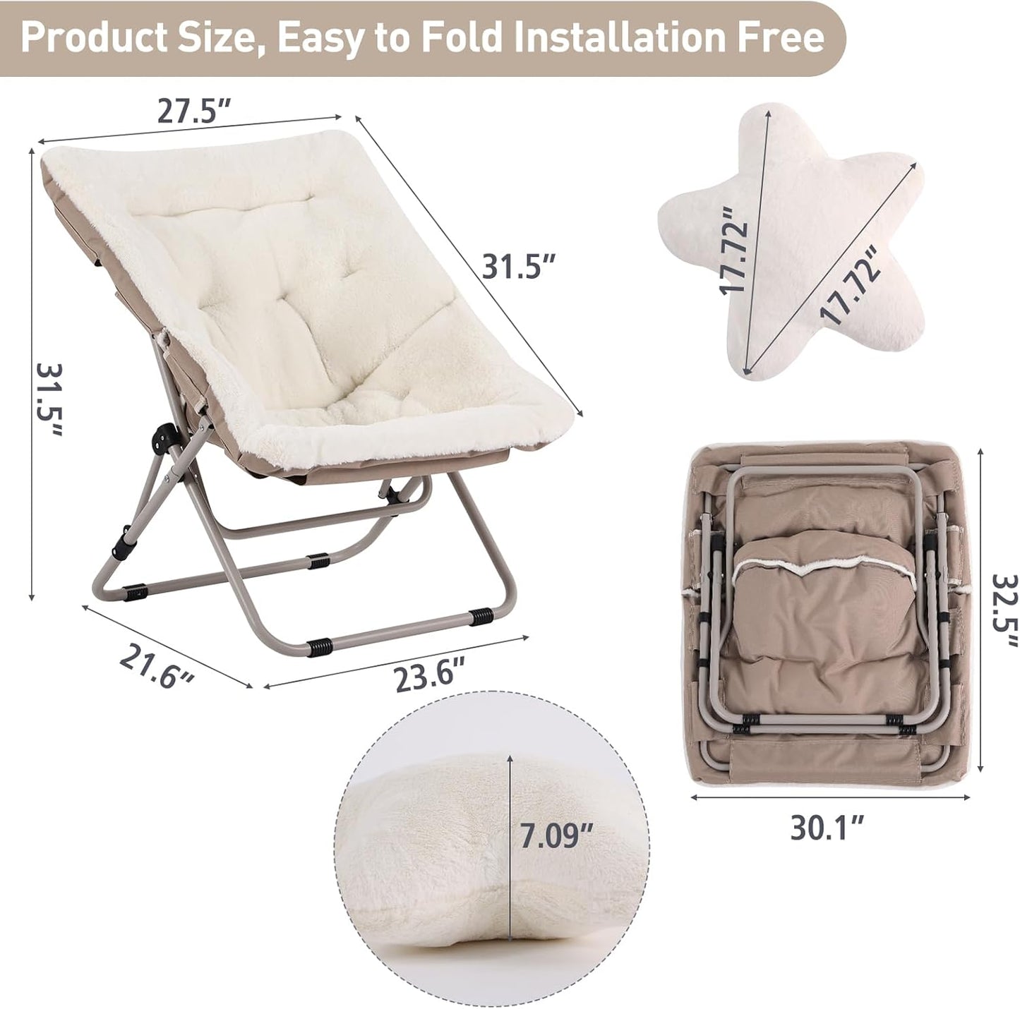 Welnow Comfy Saucer Chair, Oversized Folding Reading Chair for Adults with Throw Pillow Soft Faux Fur Lounge Chair for Bedroom Furry Accent Chair for Living Room, Dorm Rooms, Beige