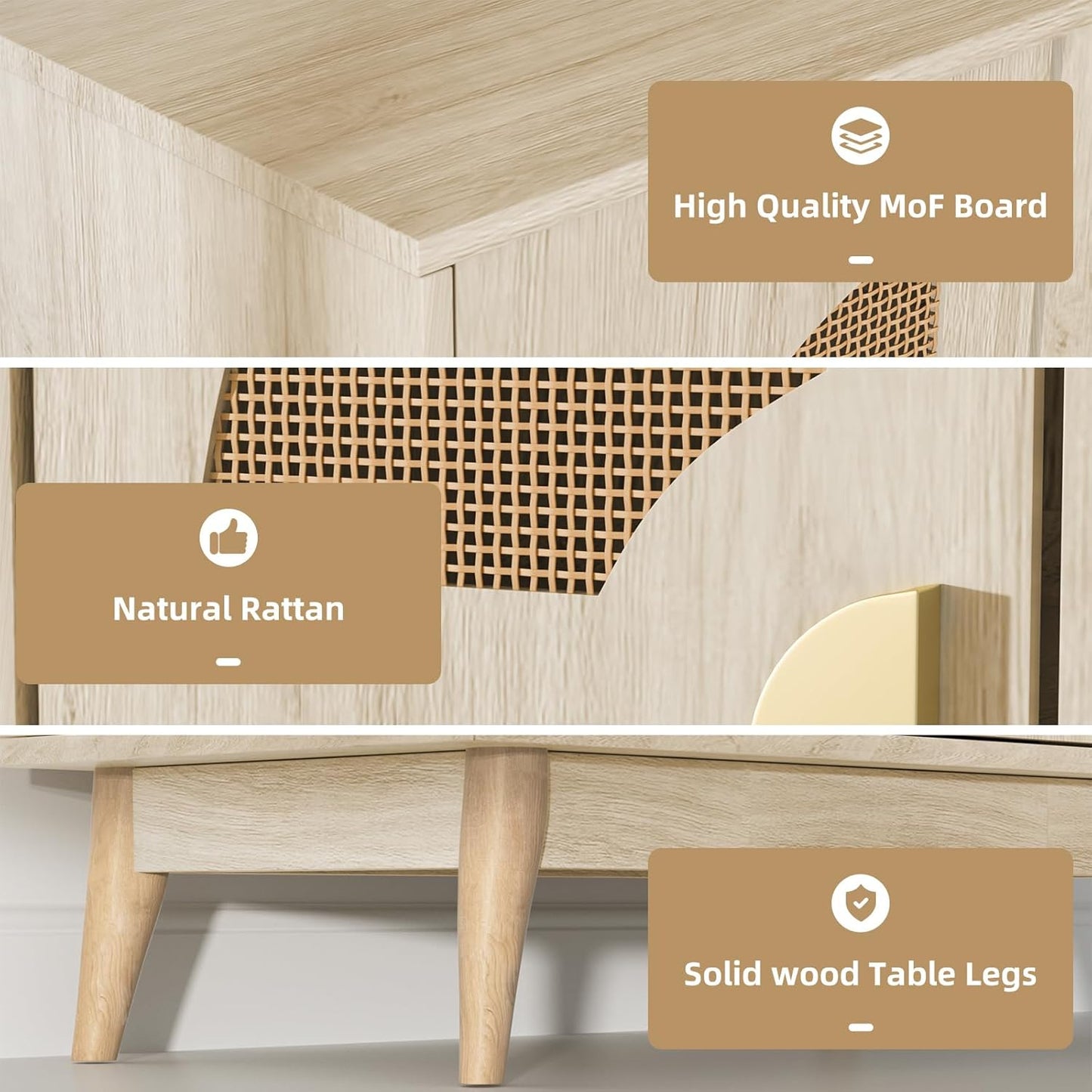 Buffet Cabinet with Storage Sideboard Accent Modern Credenza with Doors & Shelves 32.9" Rattan Media Console Mid Century Coffee Bar Table for Living Room Kitchen Dining Room Hallway