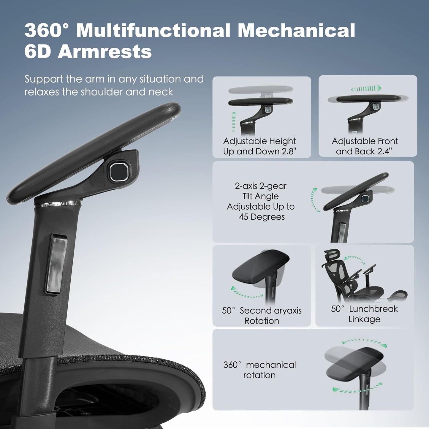 Ergonomic Mesh Office & Gaming Chair with Footrest, High Back Home Office Desk Chair, Comfortable 3D Lumbar Support, 130° Tilt, Adjustable Seat Depth, Adjustable 6D Armrest & 3D Headrest