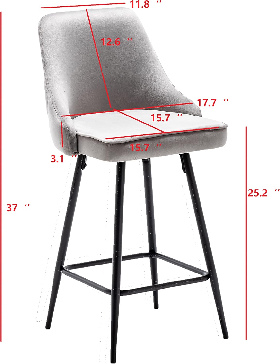 BTEXPERT® Set of 2, Premium upholstered Dining 25" High Counter Back Stool Bar Chairs, barstools Pack Gray Velvet