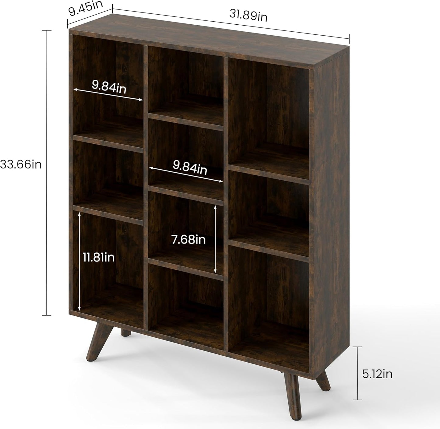 Manora Rustic Brown 10 Cube Mid Century Modern Bookshelf, Wooden Storage Organizer with Open Shelves, Retro Bookcase for Living Room, Bedroom, Home Office