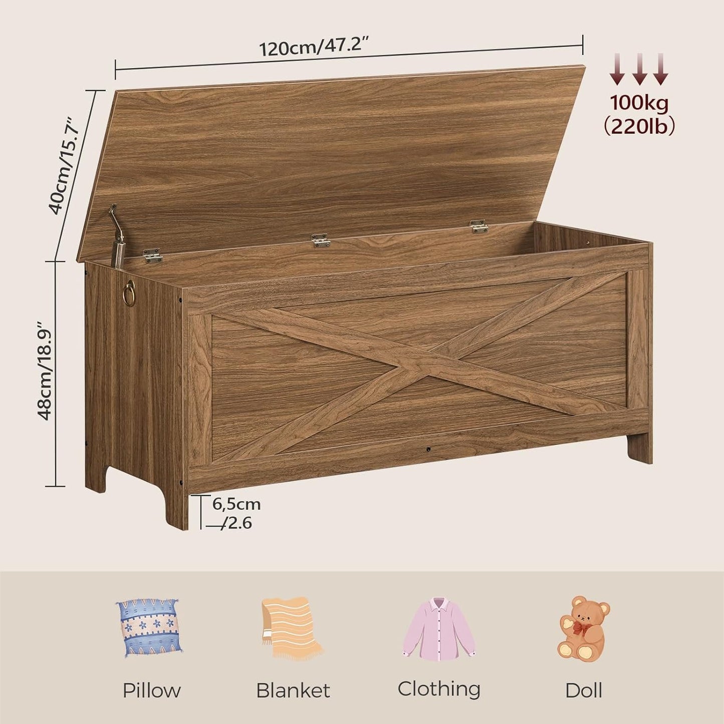 47.2" Toy Chest, Sturdy Entryway Storage Chest with Safety Hinge, Retro Toy Box, Wooden Look Accent Furniture for Living Room, Bedroom, Honey Brown SCOR48801