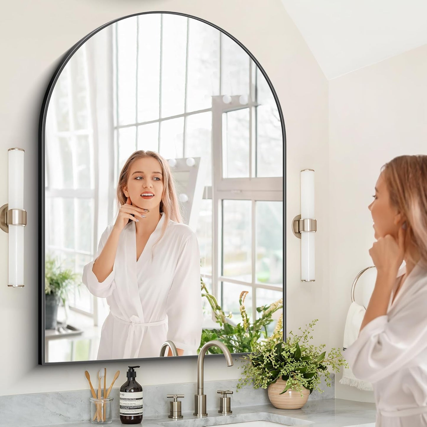 Arched Bathroom Mirror, 36x48IN Black Bathroom Mirror with Metal Frame, Wide Wall Mounted Mirrors Decor Modern Dresser Mirror for Bedroom Living Room Entryway