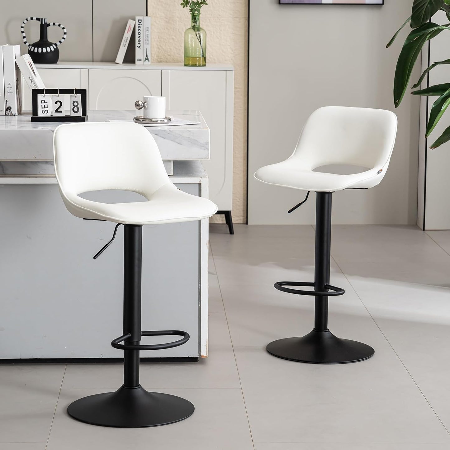 YOUNIKE Bar Stools Set of 2, Adjustable Counter Height Barstools Faux Leather Upholstered Counter Stools with Hollow Back for Kitchen Island, Warm White