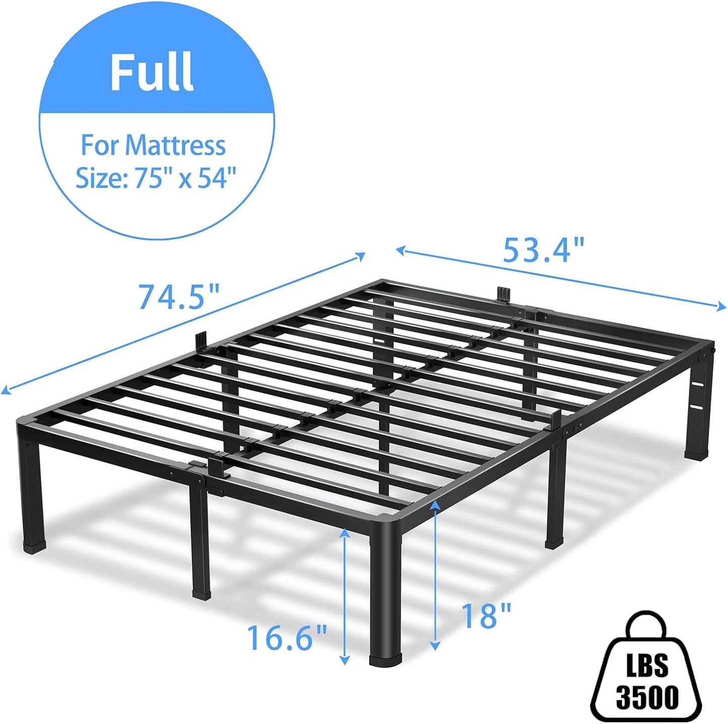 18 Inch Full Size Bed Frame, 3500Lbs Heavy Duty Metal Platform with Round Corner Legs Mattress Slide Stopper, Steel Slat Support No Box Spring Needed, Noise Free, Non-Slip, Easy Assembly