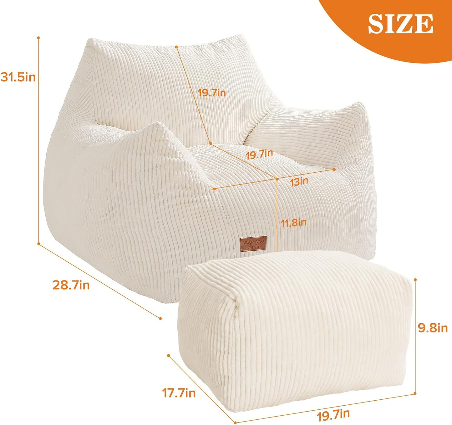 Big Bean Bag Chair for Adults & Kids, Ultra Soft Living Room Bean Bag with Armrests & Ottoman, Stuffed BeanBag Floor Sofa for Napping, Gaming, Lounging, Beige