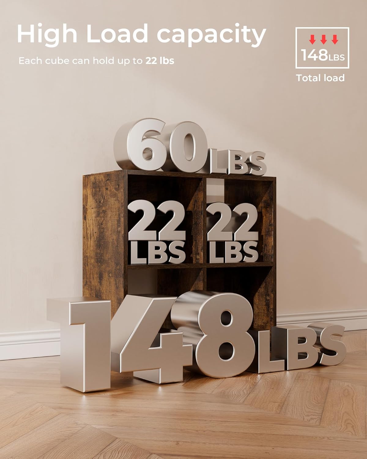 GTPLAYER 4-Cube Storage Organizer, Fits 11" Bins, Vertical or Horizontal Use, Opening Bookshelf, Partial Back Panels, Stackable Design Bookcase, for Desk, Vanity, Entryway, Rustic Brown