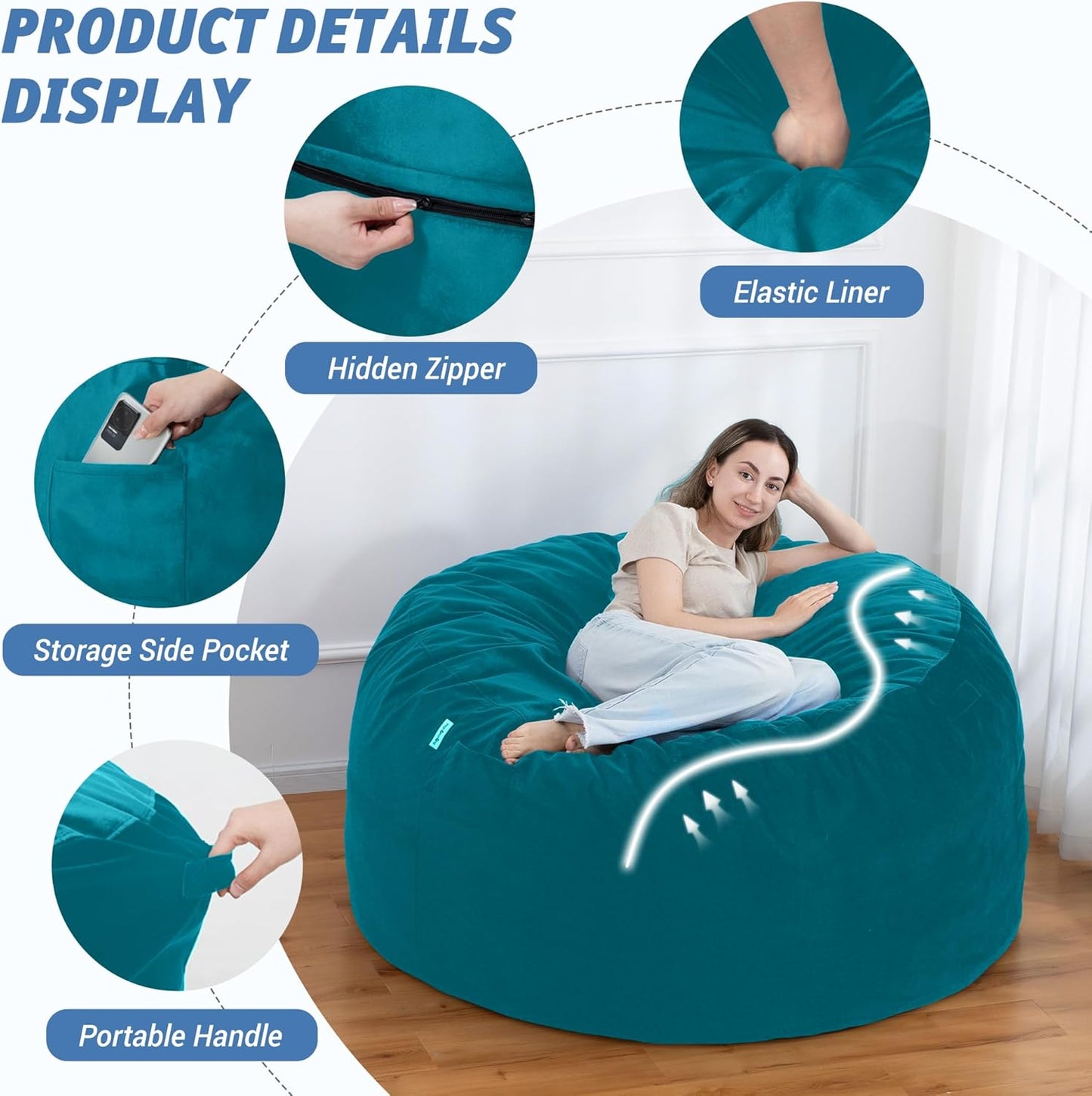 5FT Bean Bag Chair with Ultra Soft Velvet Cover Bean Bag Sofa with Memory Foam Bean Bag Chairs with Large Size Lazy Sofa for Dorm Office Living Room Bedroom Sea Blue 5'