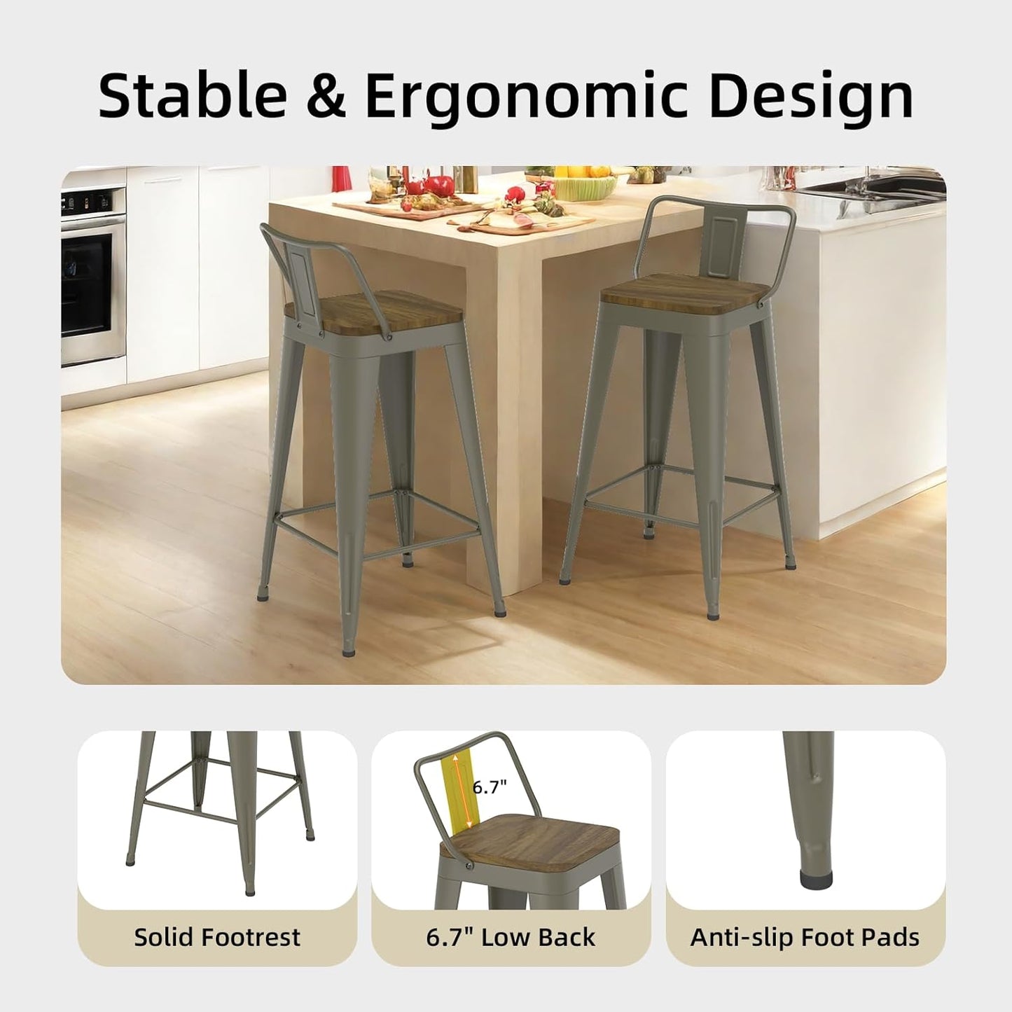 Rusty Bar Stools Set of 4, Metal Bar Stools with Wooden Seat, Modern 24”Counter Height Barstools with Low Back