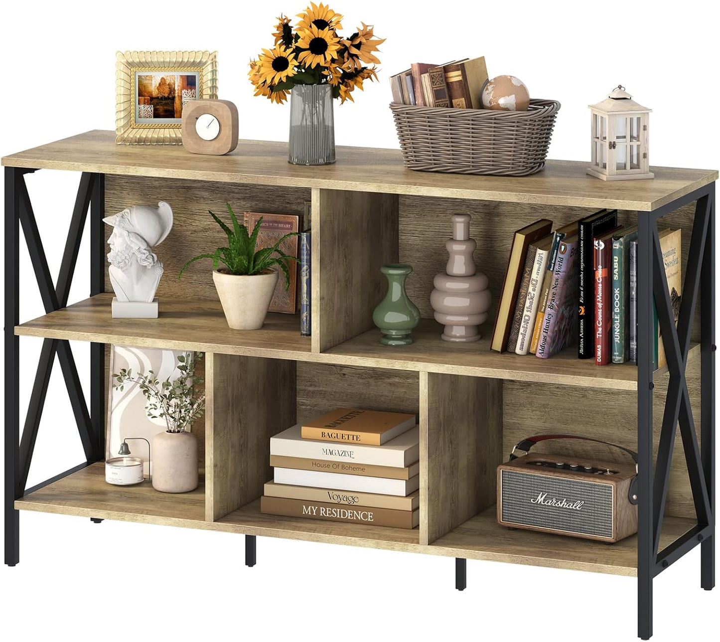 Horizontal Bookshelf,Industrial Modern 5 Cube Low Wide Cubby Bookcase,Long Wood and Metal Storage Organizer Open Shelf, Short Book Shelf Bedroom Storage for Home Office Living Room(Rustic Oak,5 Cube)