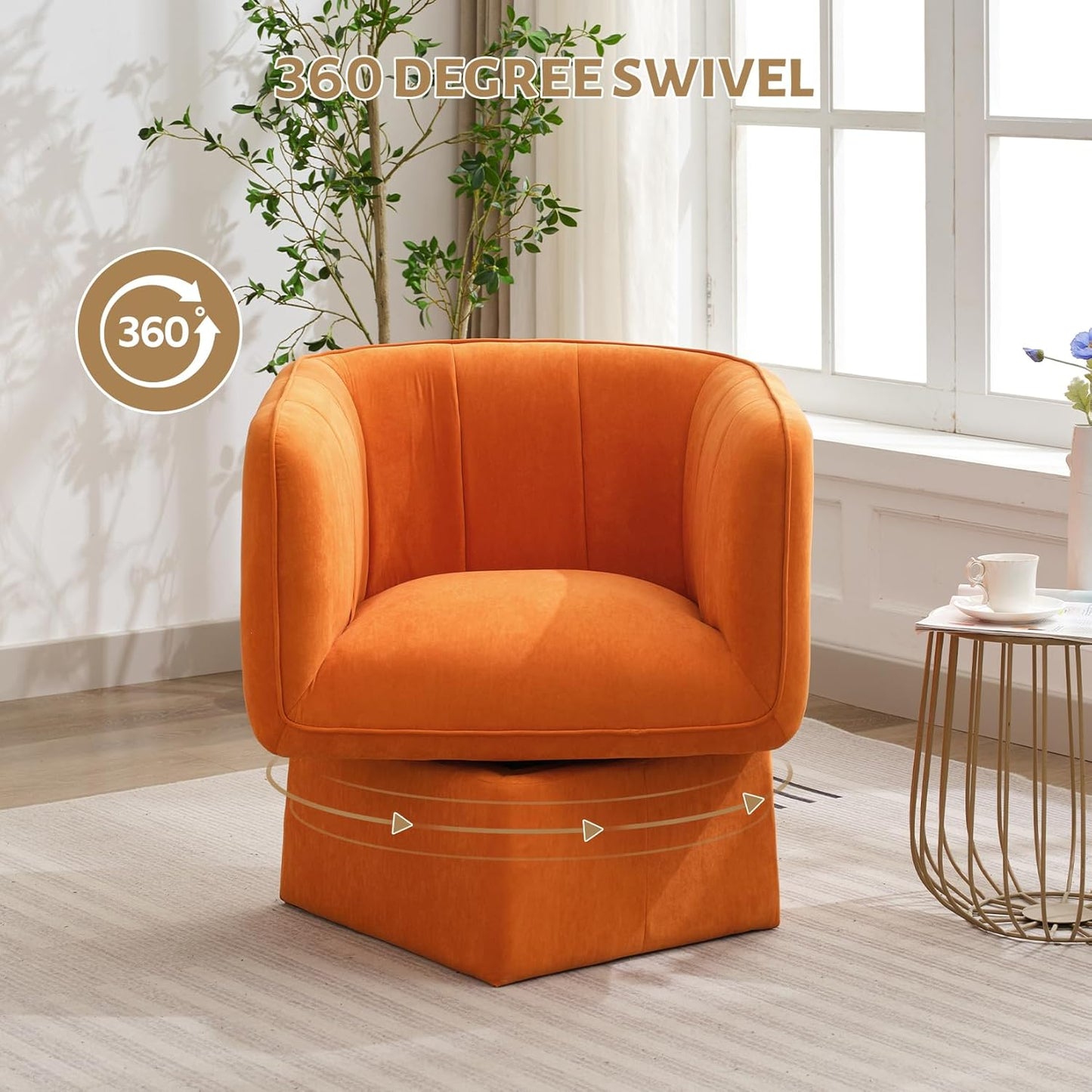 Swivel Accent Chair with Armrest, Modern Velvet Barrel Chair 360 Degree with Curve Back and Soft Cushion,Comfy Round Armchair Reading Chair Single Sofa for LivingRoom,Bedroom,Waiting Room,Orange