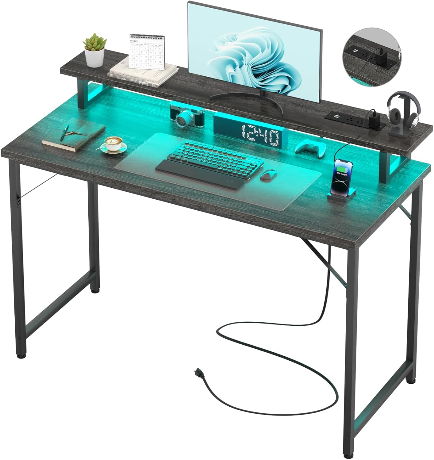 Computer Desk with USB Power Outlets and LED Lights, 47 inch Gaming Desk with Monitor Stand for Small Space Home Office, Modern Simple Study Writing Table PC Desks, Black Oak