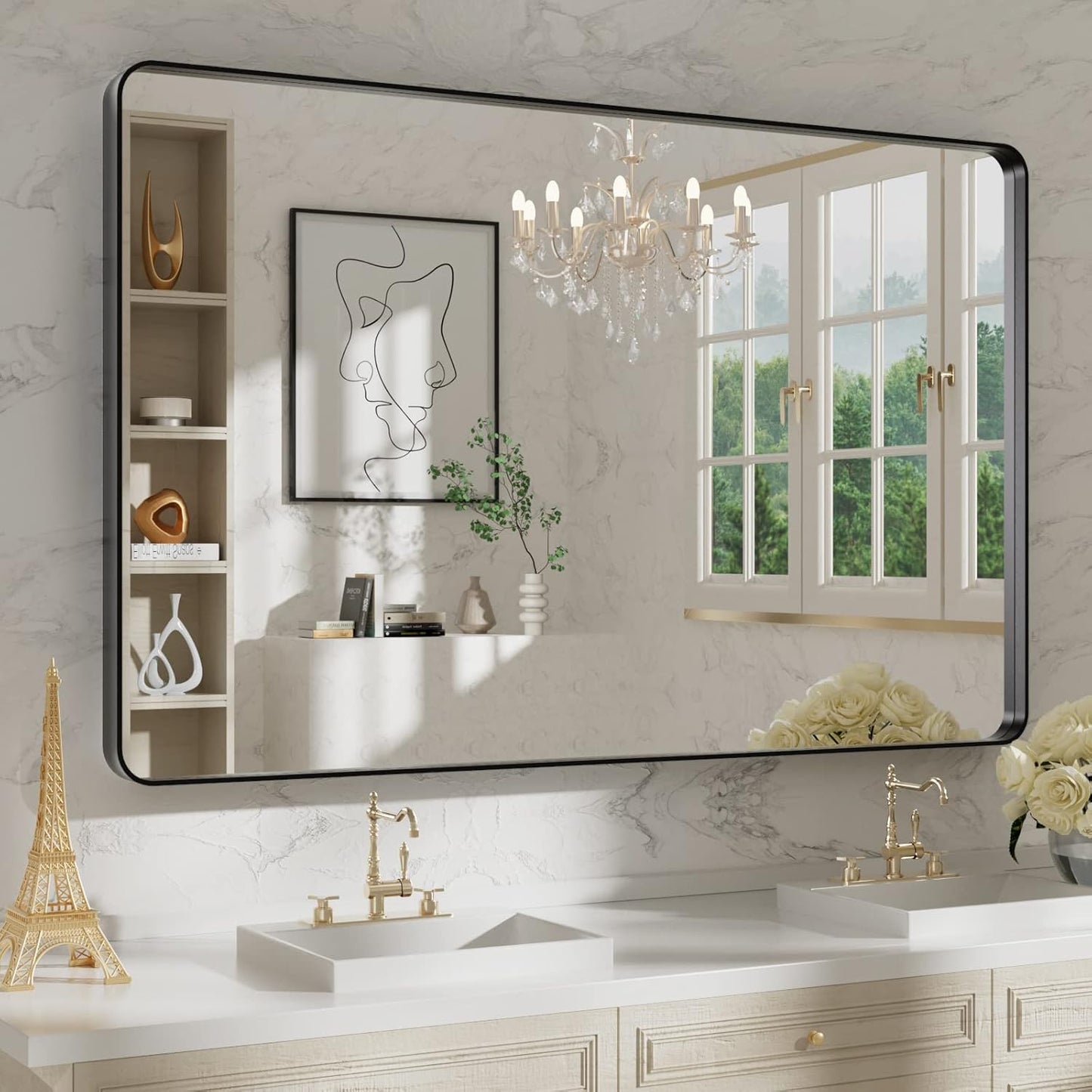 WEER Black Bathroom Mirror, 48X30 Inch Rectangular Matte Black Metal Framed for Wall, Farmhouse Black Vanity Mirror with Tempered Glass, Rounded Corner, Anti-Rust, Hangs Horizontal or Vertical