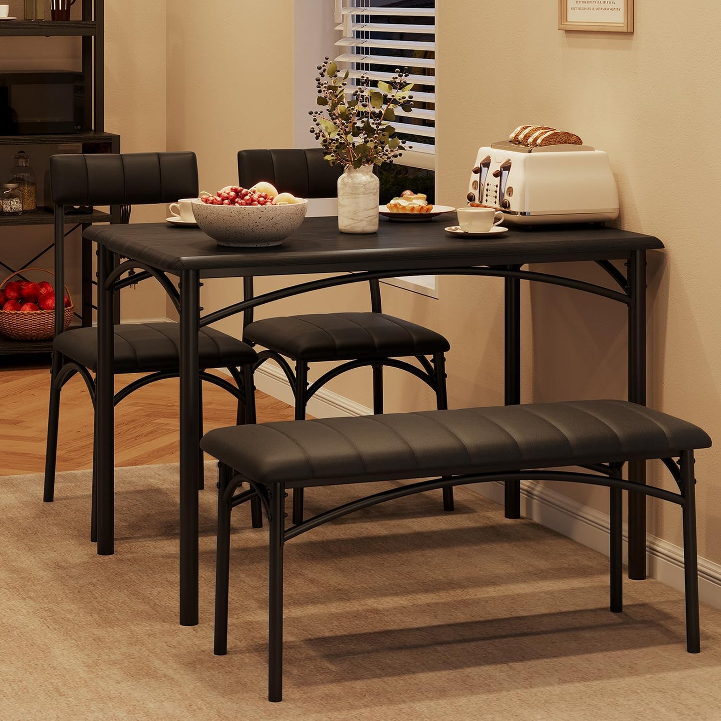 GAOMON Dining Table Set for 4 with Upholstered Bench and 2 Chairs, Rectangular Dining Room Table Set for 4 for Small Space, Apartment, Dinner, Rustic Black