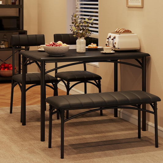 GAOMON Dining Table Set for 4 with Upholstered Bench and 2 Chairs, Rectangular Dining Room Table Set for 4 for Small Space, Apartment, Dinner, Rustic Black