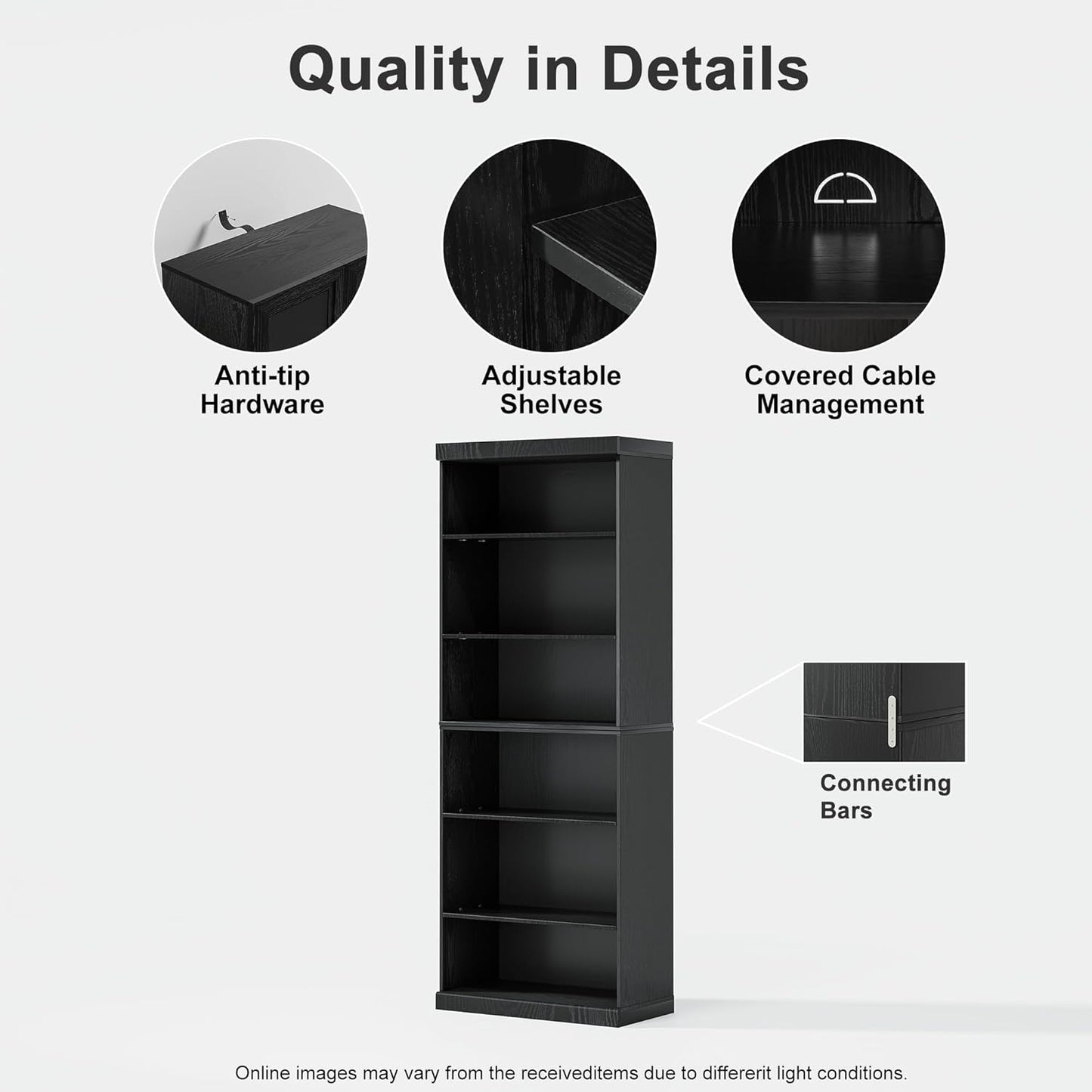 82" Wooden Book Shelf, 5 Shelf Bookcase, Modern Bookshelf with Adjustable Shelf for Home Office, Study Room, Black