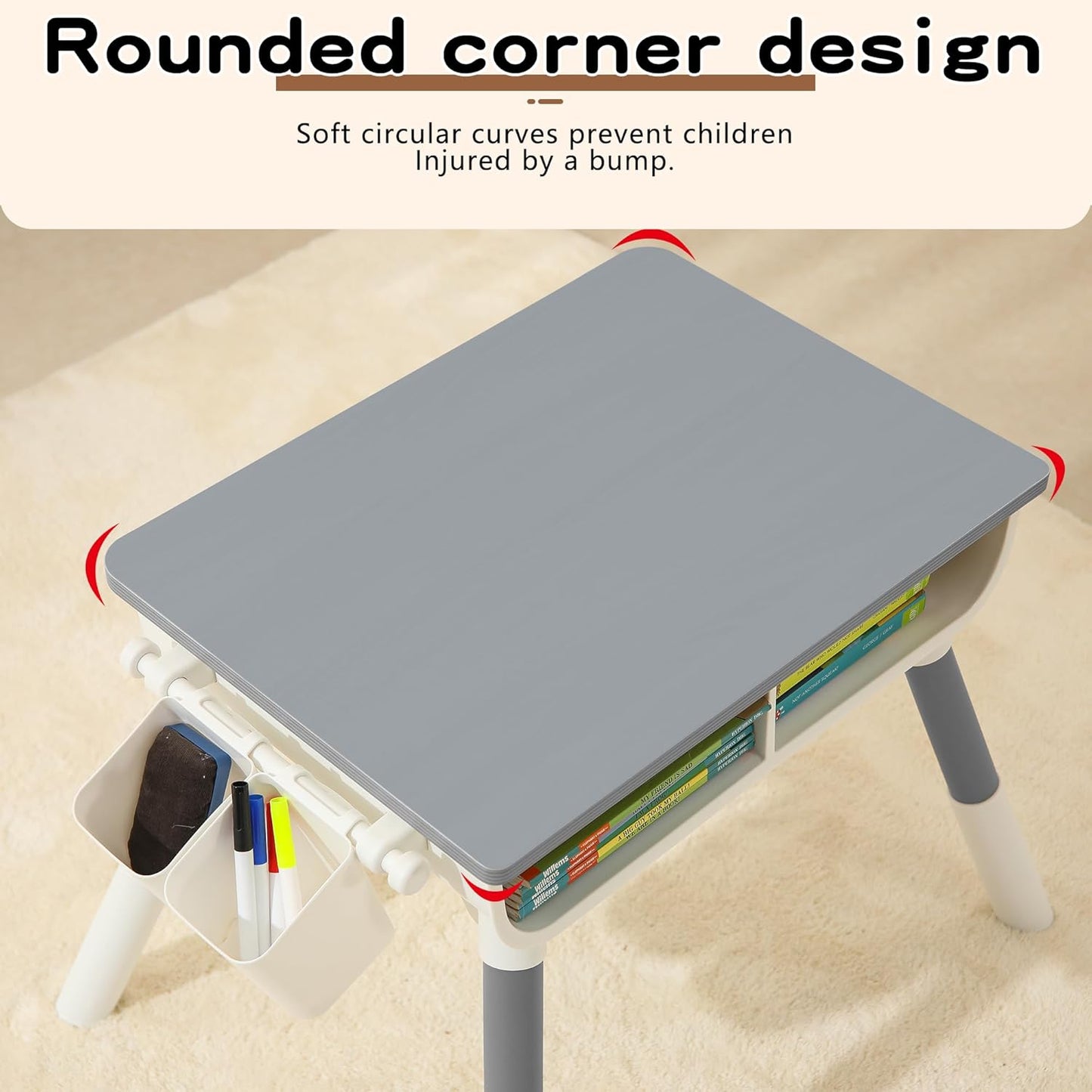 Kids Study Desk and Chair Set Height Adjustable Graffiti Desktop Storage Drawer Storage Basket Non Slip Legs Suitable for Max Weight of 220 Pounds Suitable for Children Aged 2-10(Grey 2Chair)