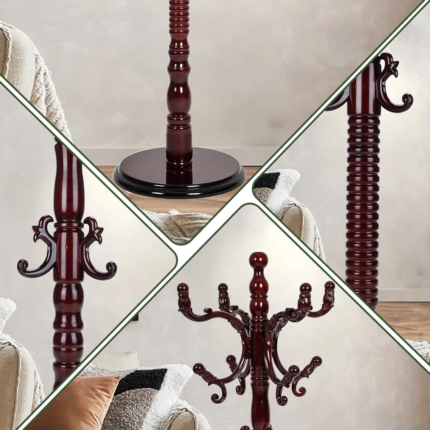 73" Wooden Coat Rack Stand,Coat Racks Freestanding With 14 Hooks And Solid Round Base Heavy Duty Adjustable Height Hall Tree Coat Rack for Entryway Hallway Foyer Office Bedroomf (Red sandalwood)