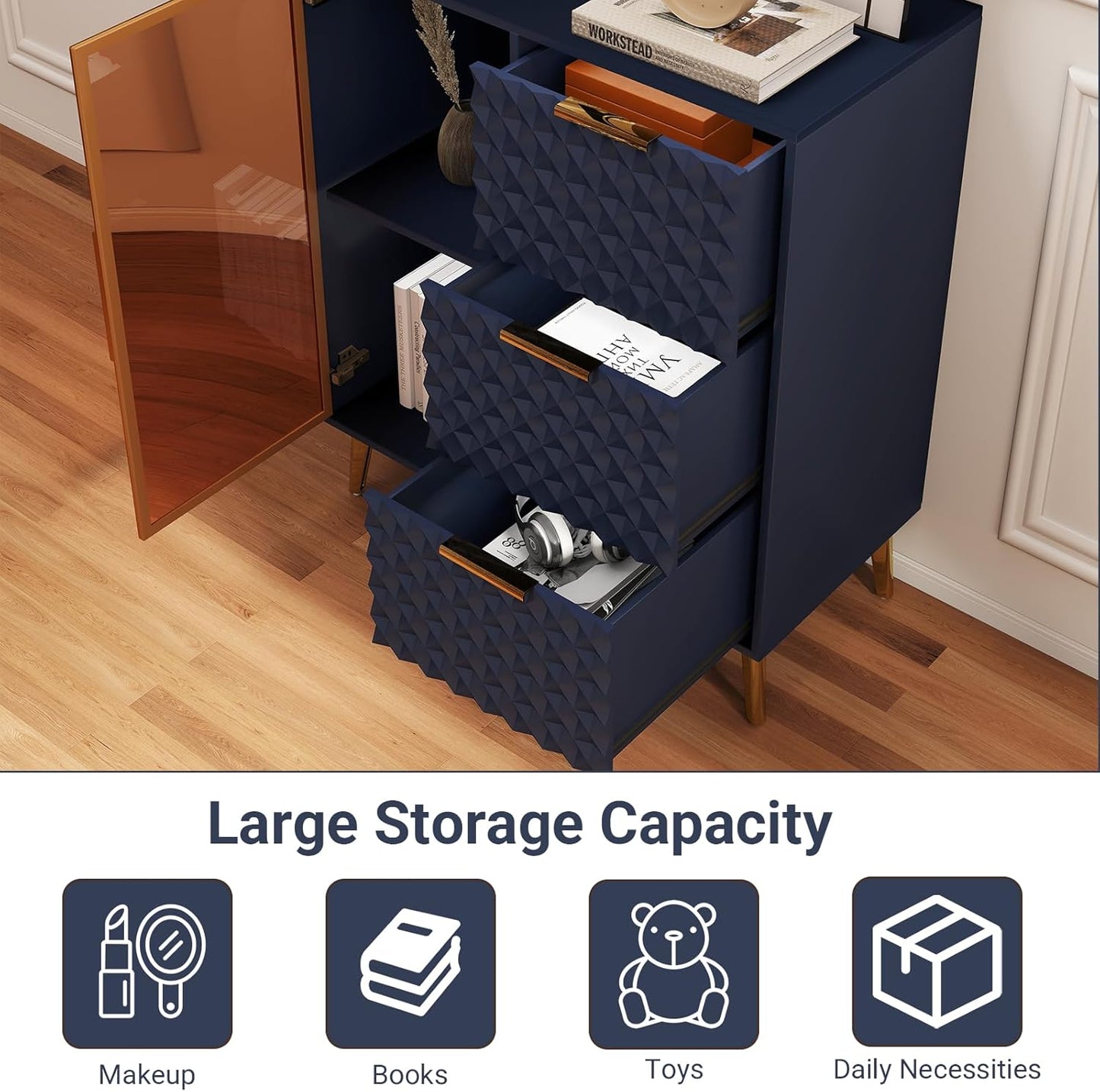 Rovibek Modern Sideboard Cabinet with Storage, Small Kitchen Buffet Cabinet with Glass Door & 3 Drawers, 31" Accent Sideboard Buffet for Kitchen, Living Room, Blue