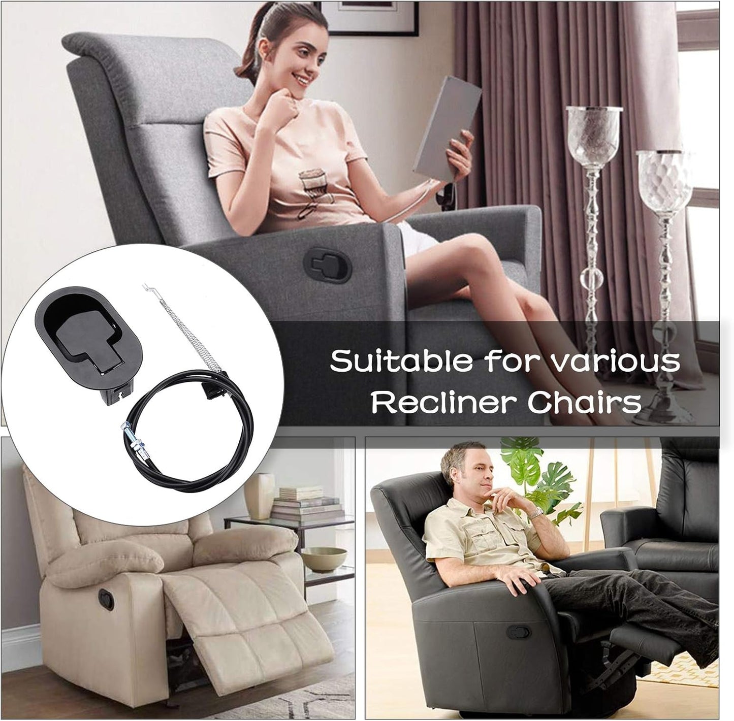 Recliner Replacement Parts(1 Sets), Recliner Cable Replacement Parts with Metal Release Pull Handle fits Ashley and Most Recliner Sofa, Exposed Cable Length 5.12Inch
