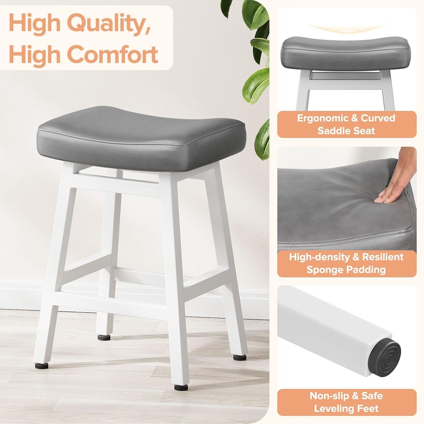 Counter Height Bar Stools Set of 2, 24 Inch Barstools for Kitchen Counter, Kitchen Stools with Bonded Leather Saddle Seats & Heavy Duty Metal Legs, Easy Assembly, Gray/White