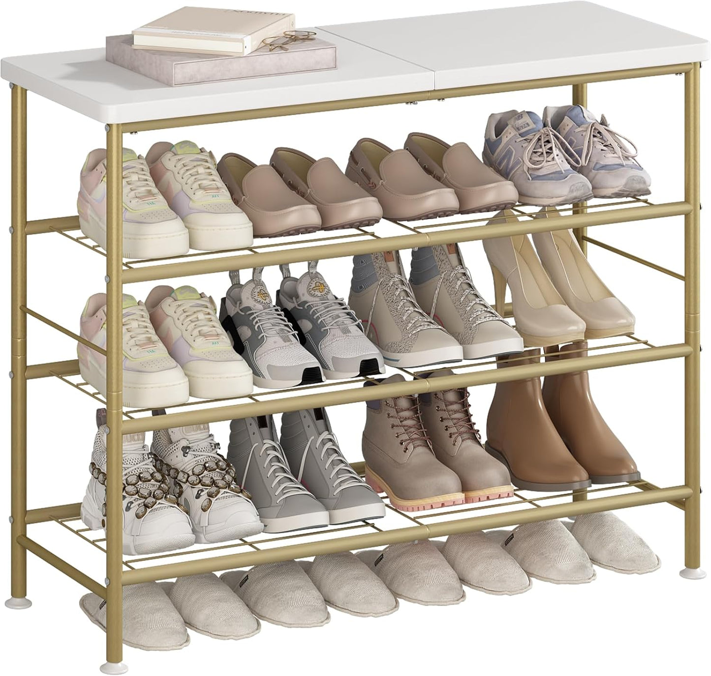 Shoe Rack Organizer 4 Tier for Closet Entryway Free Standing Metal Storage Shoe Shelf with MDF Top Board，Gold