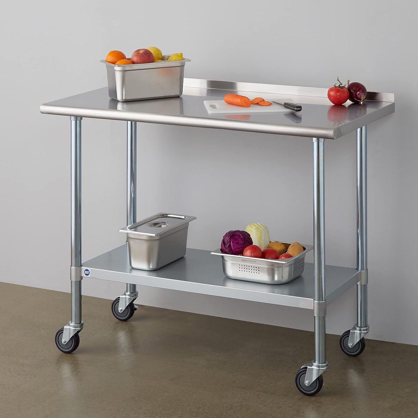Stainless Steel Table for Prep & Work with Caster & Backsplash 24x48 Inches, NSF Metal Commercial Kitchen Heavy Duty Table with Adjustable Under Shelf and Table Foot for Restaurant, Home and Hotel