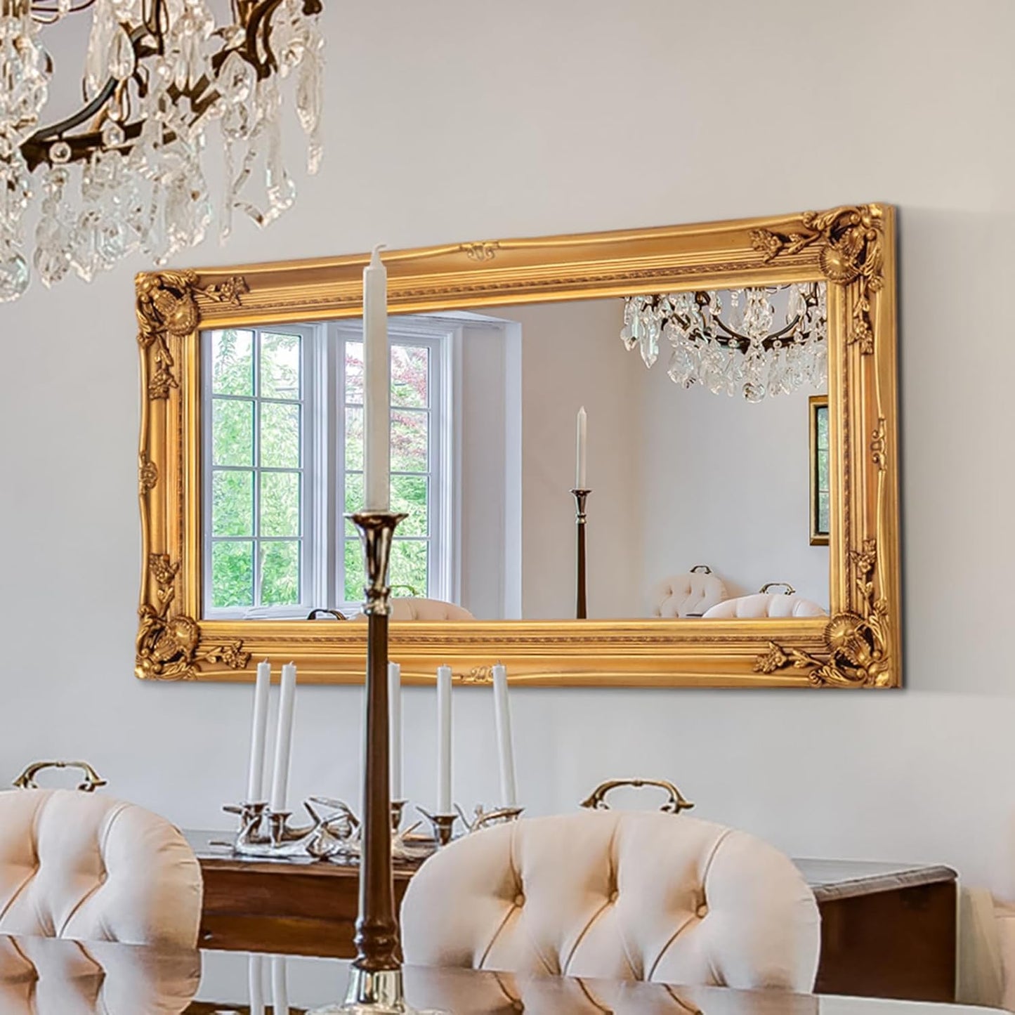 Large Decorative Mirrors for Living Room, 49.6''x25.9''Gold Vintage Dining Room Mirror with Ornate Frame, Traditional Baroque Entryway Mirror, Horizontal/Vertical