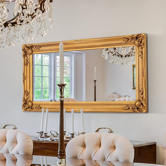 Large Decorative Mirrors for Living Room, 49.6''x25.9''Gold Vintage Dining Room Mirror with Ornate Frame, Traditional Baroque Entryway Mirror, Horizontal/Vertical