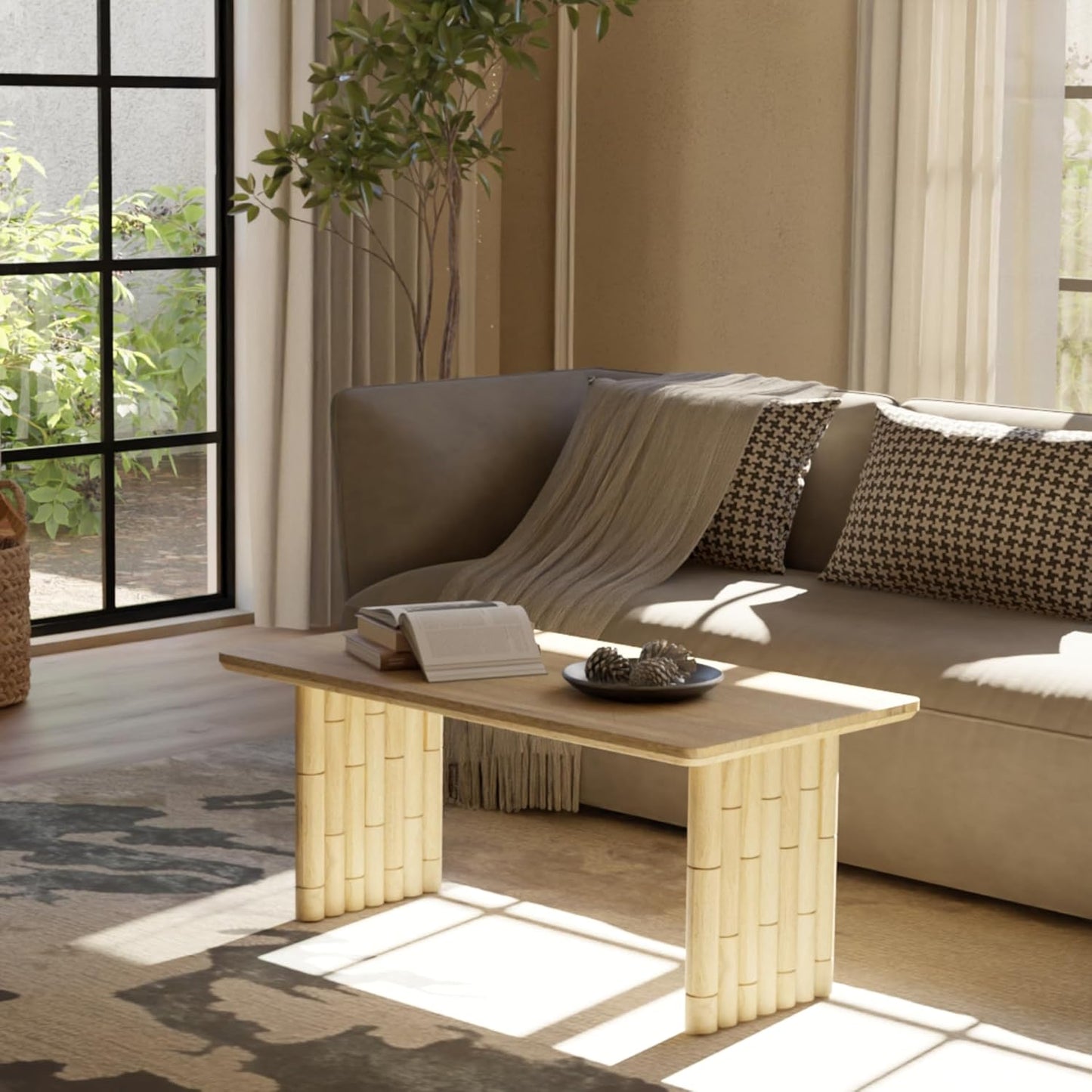 Bambos Coffee Table | Sold Mango Wood Center Table with Natural Finish | Handcrafted Accent for Living Room, Modern Decor, Apartment or Office | Bamboo Inspired Legs, Easy Assembly, Durable, Compact