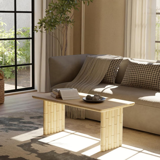 Bambos Coffee Table | Sold Mango Wood Center Table with Natural Finish | Handcrafted Accent for Living Room, Modern Decor, Apartment or Office | Bamboo Inspired Legs, Easy Assembly, Durable, Compact