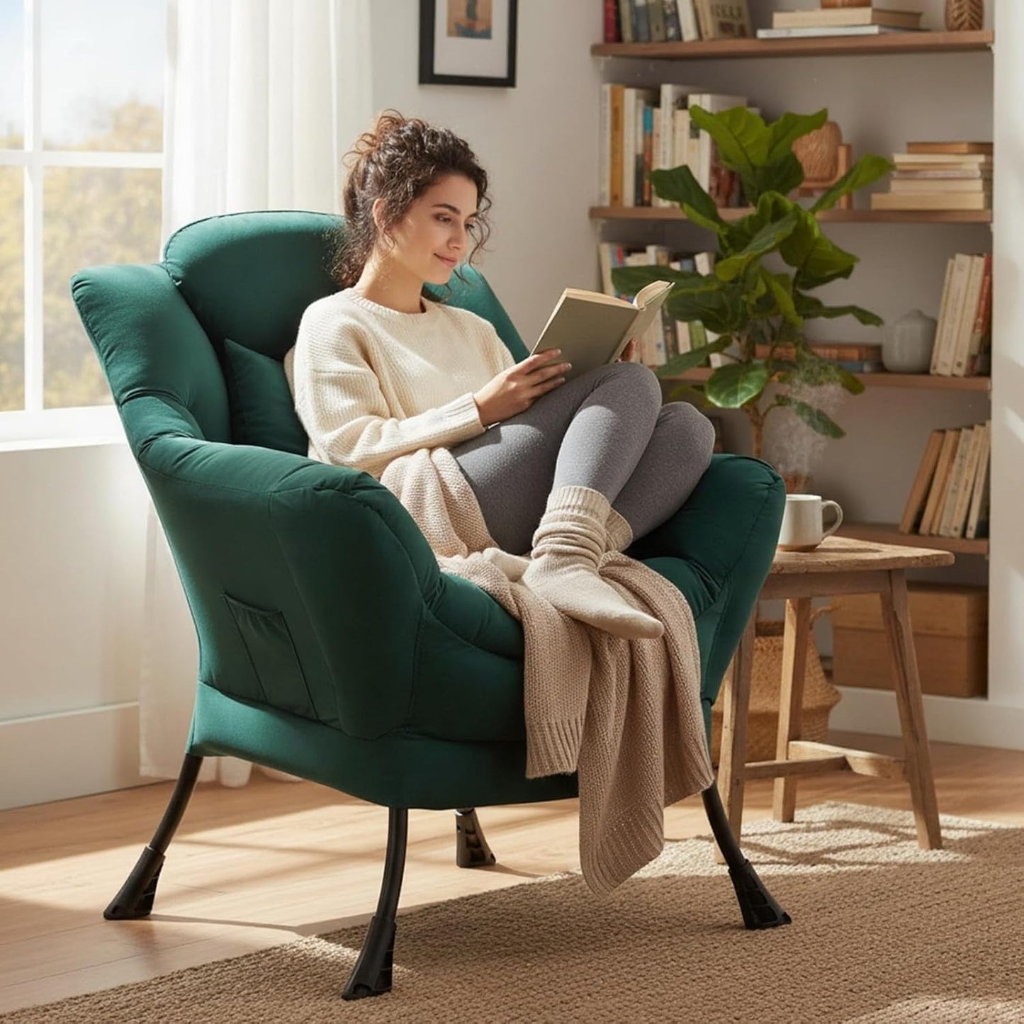 Lazy Chair, Reading Armchair, Large Modern Lounge Accent Chair, Leisure Sofa Chair for Living Room, Bedroom, Dorm Room (Dark Green)