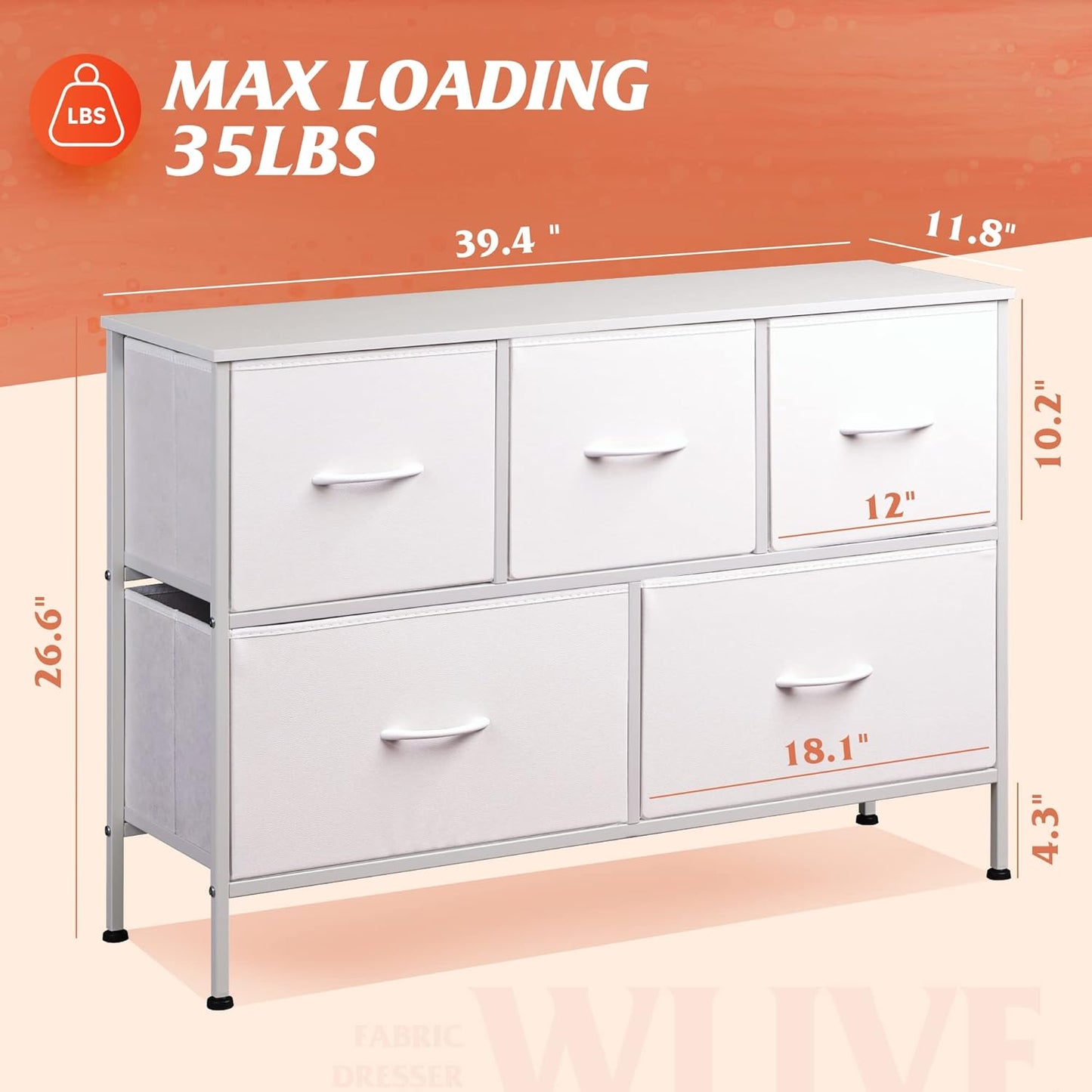 WLIVE White Dresser for Bedroom with 5 Drawers, Chest of Drawers, Fabric Small Dresser with Drawer Organizers, Storage Organizer Unit for Hallway, Entryway, Closets
