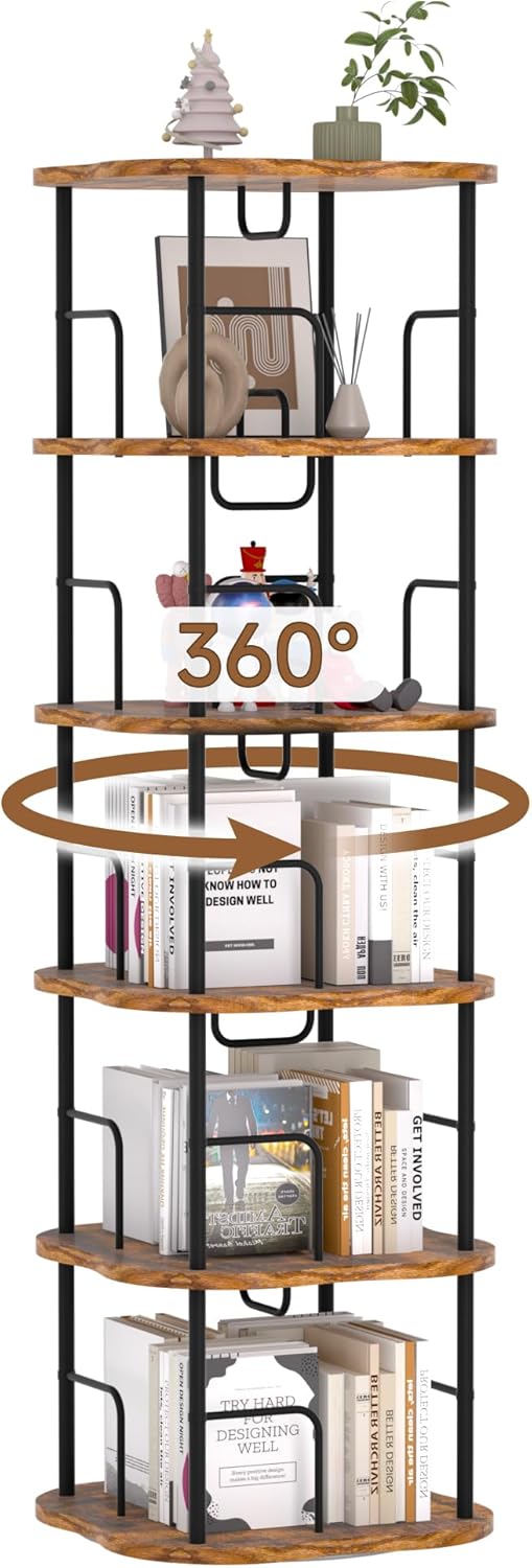 5-Tier Rotating Book Shelf, 360° Display Spinning Bookshelf Tower, Book Organizer, Floor Standing Bookcases for Small Space, Corner Book Shelf for Bedroom, Living Room, Study Room (RUSTIC BROWN)