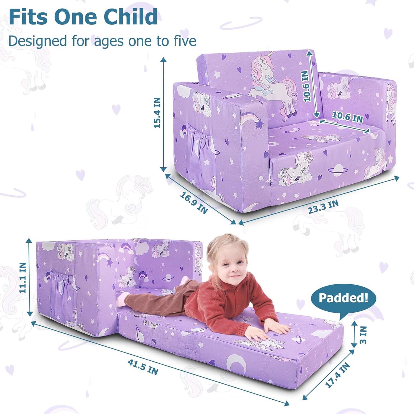 Kids Couch, 2-in-1 Kids Fold Out Sofa, Convertible Toddler Couch to Lounger for Girls and Boys, Soft Toddler Chairs Comfy 1-3 Years Old(New Unicorn)
