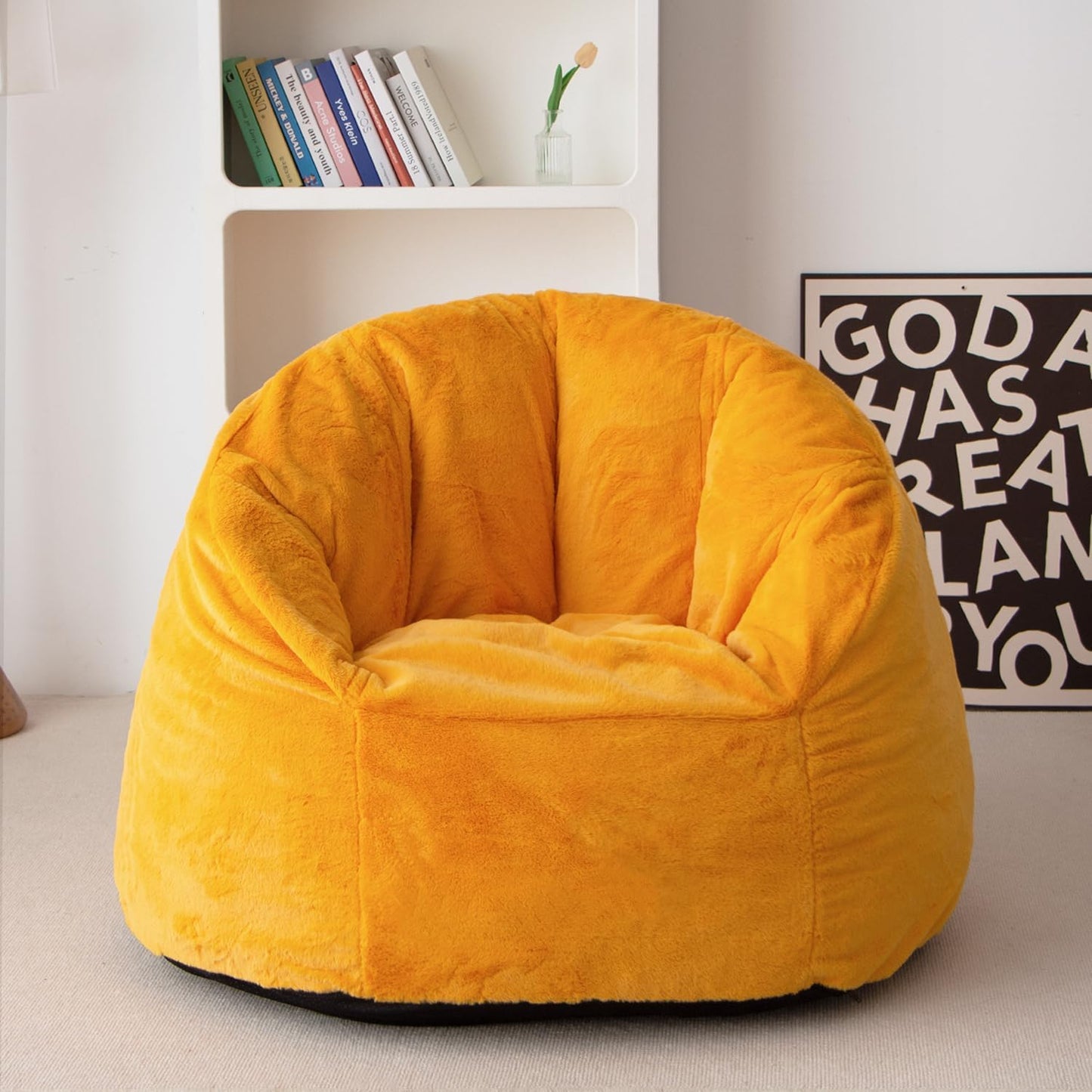 N&V Large Shell Bean Bag Chair, Adult Size Bean Bag Sack, Foam Filling, Includes Removable and Machine Washable Cover, 40in, Soft Faux Fur, Yellow